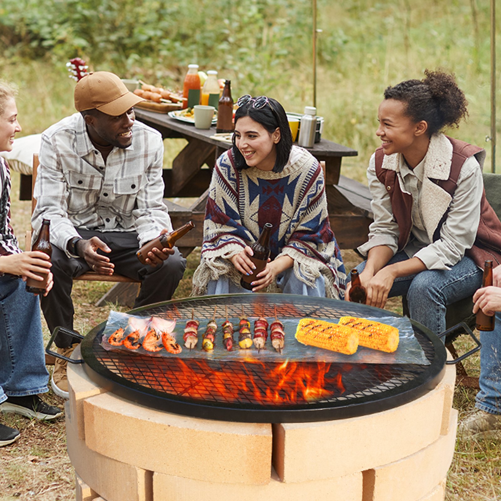 VEVOR X-Marks Feuerstellen-Grillrost, Φ 760 x 25 mm Lagerfeuer-BBQ-Grillrost aus Stahl mit Griff und Stütz-X-Draht, Tragbares Camping-Kochgeschirr für Partys und Zusammenkünfte im Freien, Schwarz