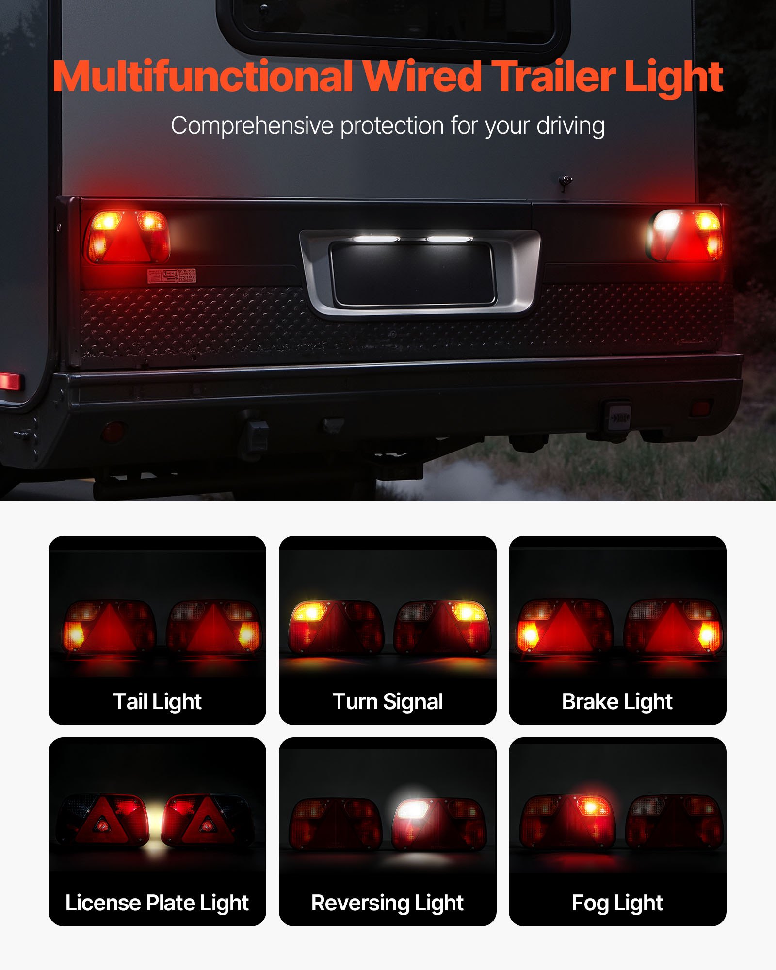 VEVOR Anhängerlichter Anhängerleuchten 2 Stk. mit 6 Modi (Bremslicht/Blinker/Rücklicht/Kennzeichen/Rückfahrscheinwerfer/Nebelscheinwerfer), Anhängerbeleuchtungsset mit Kabelbaum für Lkw