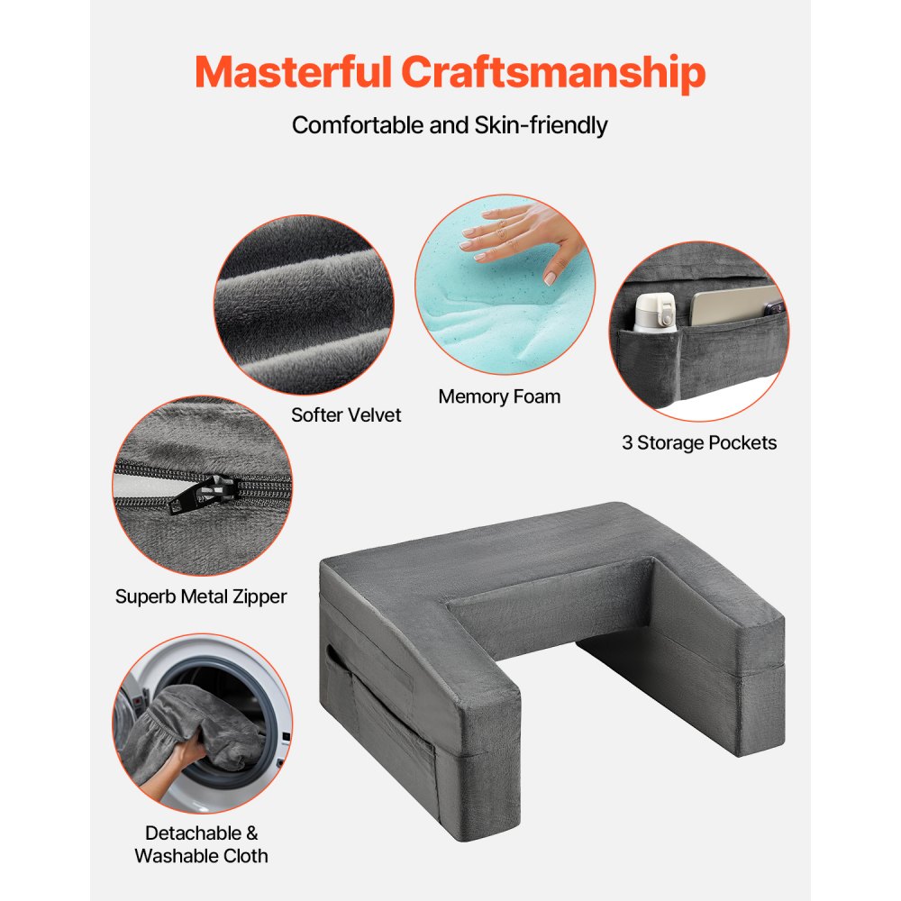 VEVOR Lesekissen Bettkissen (610 x 533 x 290 mm) mit waschbarem Stoff, Schoß-Schreibtischkissen mit 2 Taschen & Getränkehalter, Memory Foam-Bettauflage zum Fernsehen Lesen Spielen Grau