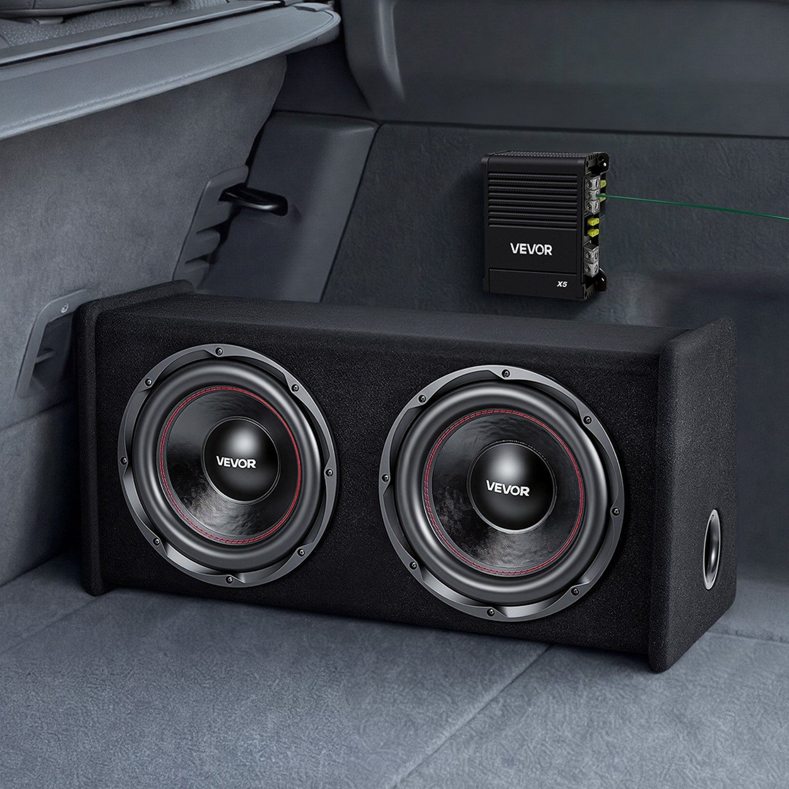VEVOR Auto Subwoofer Set mit Bestücktem Gehäuse 305 mm, Dual-Subwoofer- und Verstärkerpaket 490 W RMS, mit Separatem Verstärker & Verkabelungssatz, Leistungsstarkes Car Audio Soundsystem für PKW & SUV