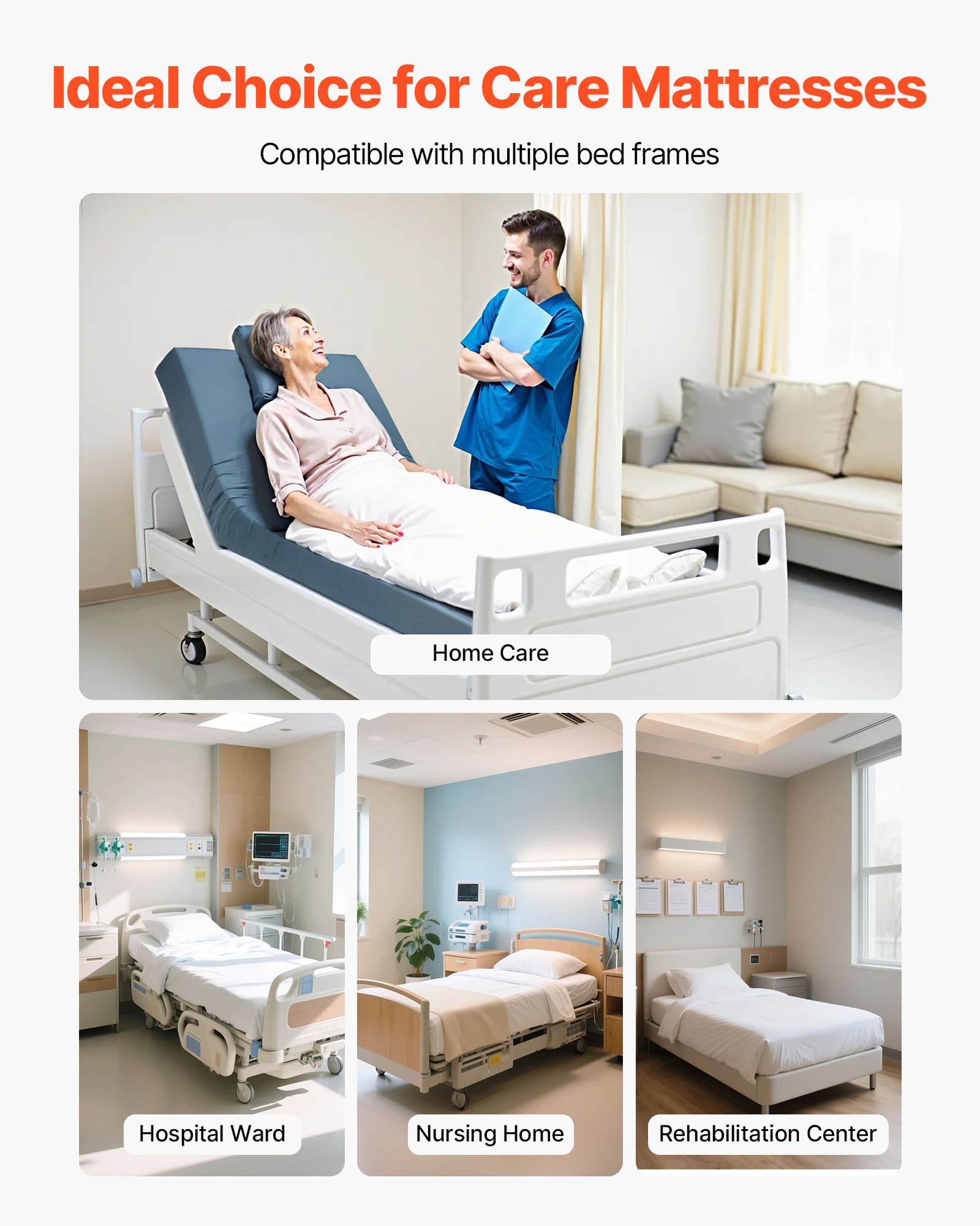 VEVOR Hospital Bed Mattress, 159 kg Load Capacity, Long Term Care Pressure Redistribution Medical-Grade Foam Mattress, Waterproof for Bedsore Treatment Nursing Homes and Home Care, 914 x 2030 x 153 mm