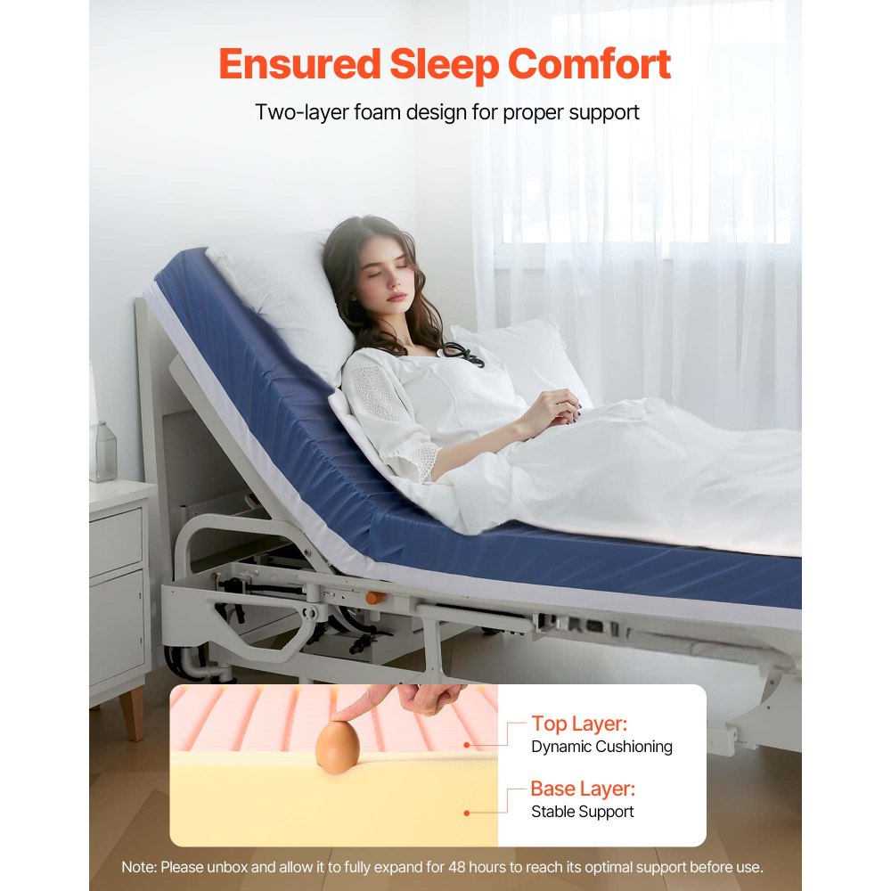 VEVOR Hospital Bed Mattress, 295 kg Load, Long Term Care Pressure Redistribution Medical-Grade Dual Layer Foam Mattress, Waterproof for Bedsore Treatment Nursing Home & Home Care, 1067 x 2030 x 153 mm