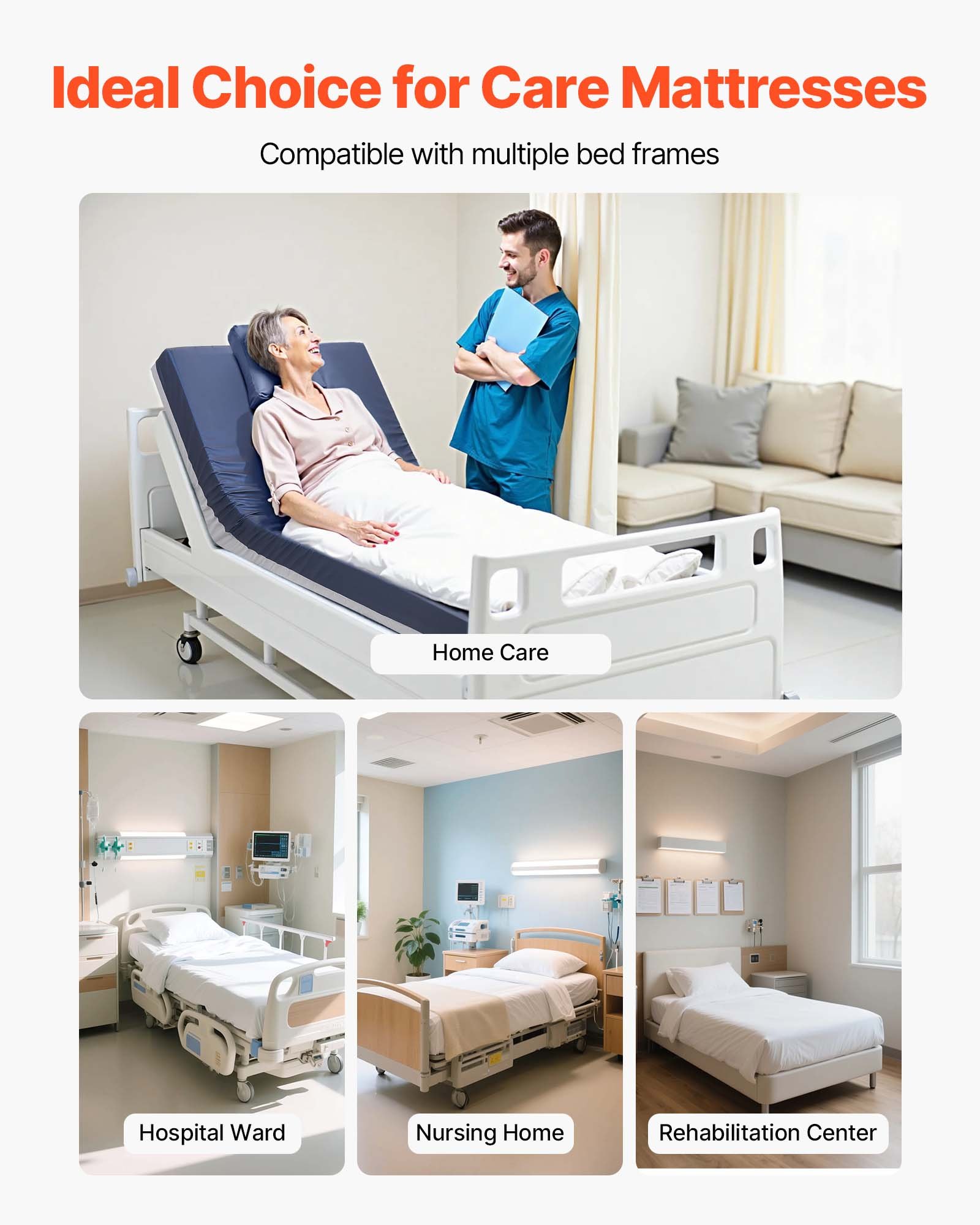 VEVOR Hospital Bed Mattress, 295 kg Load, Long Term Care Pressure Redistribution Medical-Grade Dual Layer Foam Mattress, Waterproof for Bedsore Treatment Nursing Home & Home Care, 1067 x 2030 x 153 mm