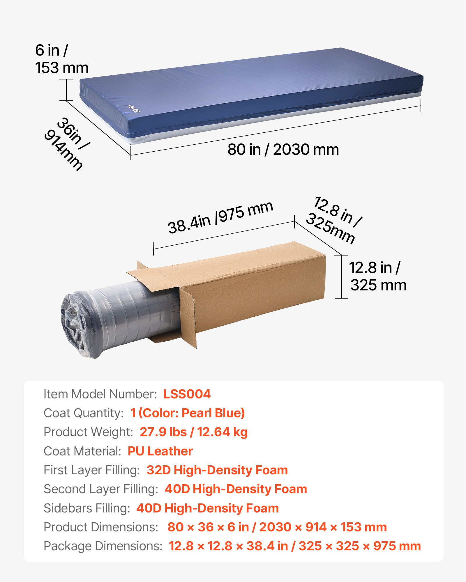 VEVOR Hospital Bed Mattress, 227 kg Load, Long Term Care Pressure Redistribution Medical-Grade Dual Layer Foam Mattress, Waterproof for Bedsore Treatment Nursing Homes & Home Care, 914 x 2030 x 153 mm