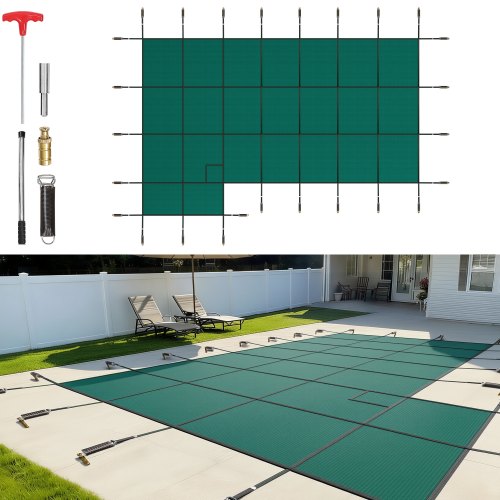 VEVOR  Pool Abdeckplane, Passend für Eingelassene Pools (4,9x9,8 m), Winterabdeckplane mit Linker Trittstufe, Dreifach Vernäht, PP-Netzgewebe, Wasserdurchlässigkeit, inkl. Montagematerial
