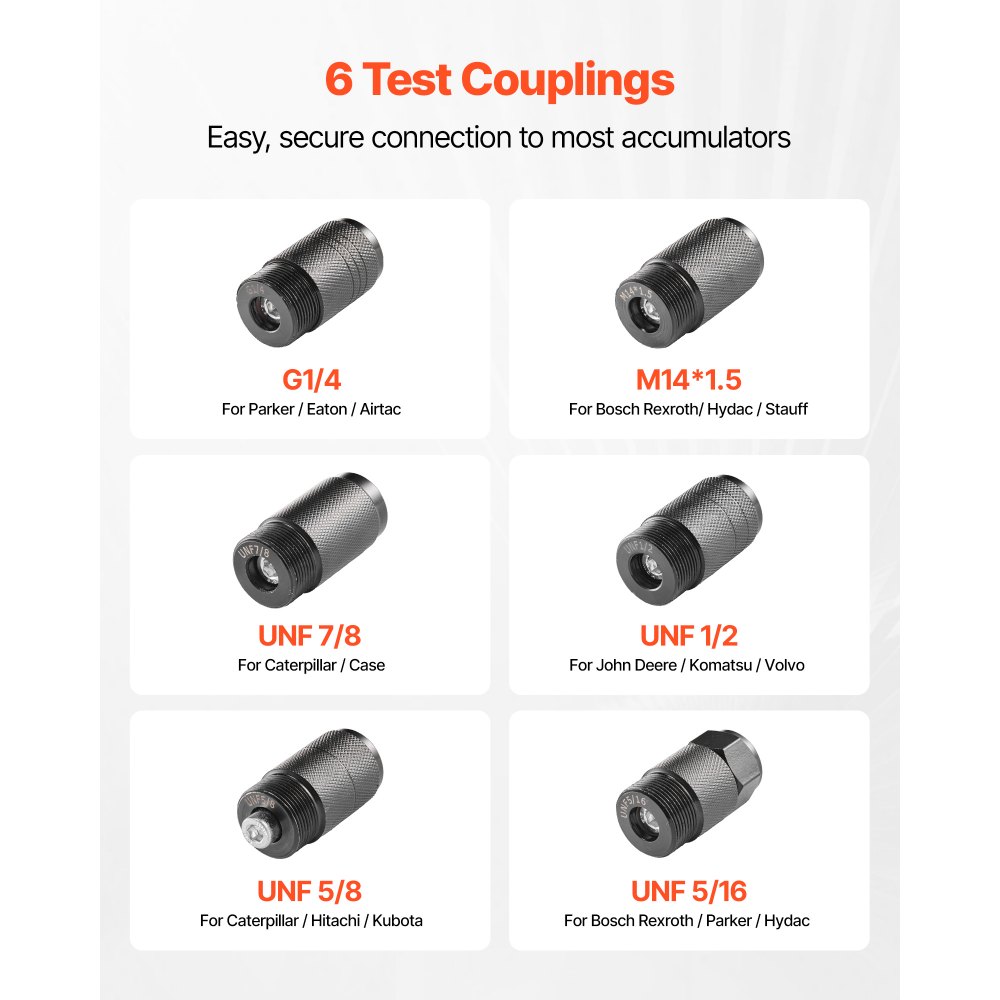 VEVOR Hydraulisches Stickstoffspeicher-Ladeset, Stickstofffüllset, Druckprüfsystem mit 3 Messgeräten (1500, 4000, 6000 PSI), 6 Adapterkupplungen, 1 Gasschlauch, 1 Ventil, 1 CGA580-Adapter