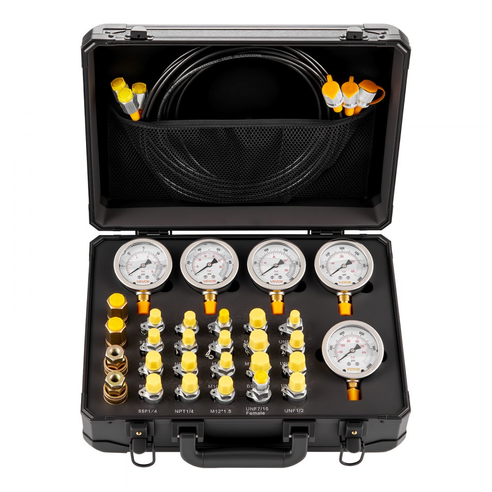 VEVOR Hydraulikdruck Testkit, 10 / 60 / 160 / 400 / 600 Bar, Hydraulik Messgerät Set inkl. 5 Messgeräte, 20 Kupplungen, 4 Schnellkupplungen, 3 Schläuche für Bagger-Baumaschinen