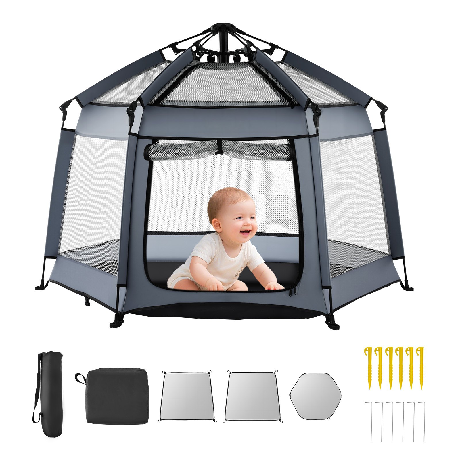 VEVOR Baby Laufgitter 150x150x106 cm, Laufstall für Kleinkinder mit Baldachin, Spielstall, tragbarer Spielplatz mit LSF 50+ Sonnenschutz & Reisetasche für Zuhause, Park, Strand, faltbar & leicht