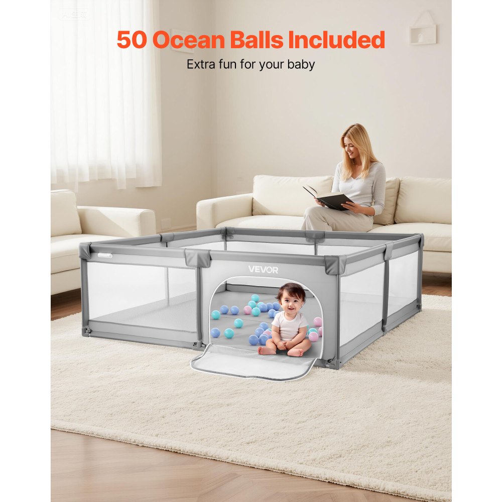 VEVOR Baby-Laufstall, 200x149 cm, Spielstall für Kinder, Zaun-Spielplatz für drinnen & draußen mit 50 Ozeanbällen, Tür mit Reißverschluss & atmungsaktivem Netz, Sicherheits-Aktivitätszentrum