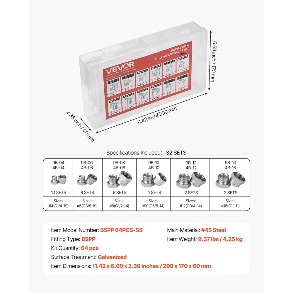 VEVOR 64-teiliges BSPP-Hydraulikfitting-Set, Hydraulikkappen- und Stopfen-Set mit Präzisionsgewinde, verzinkter Stahl, Hochleistungs-Adapter-Set, Armaturenbrettgrößen 04/06/08/10/12/16