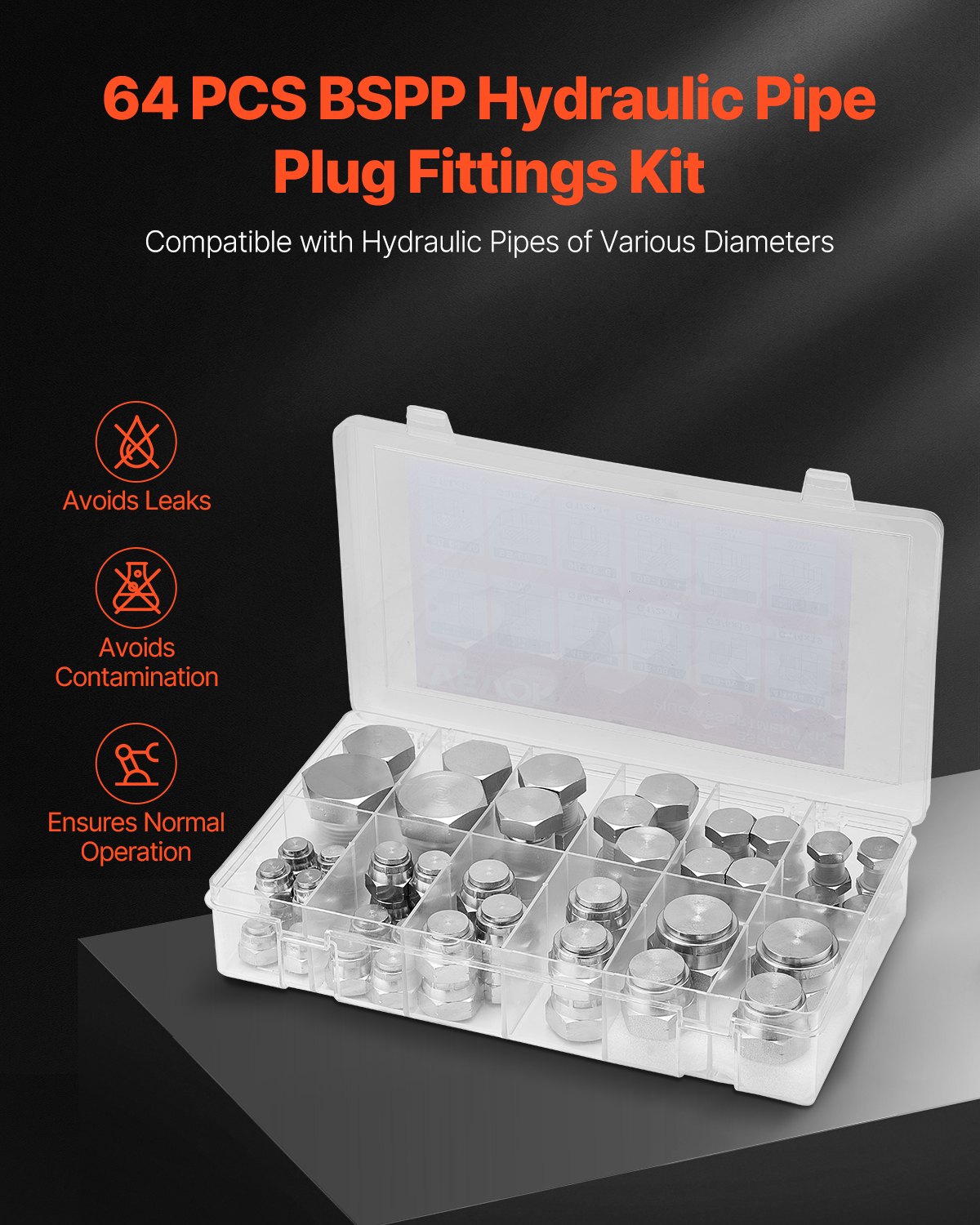 VEVOR 64-teiliges BSPP-Hydraulikfitting-Set, Hydraulikkappen- und Stopfen-Set mit Präzisionsgewinde, verzinkter Stahl, Hochleistungs-Adapter-Set, Armaturenbrettgrößen 04/06/08/10/12/16