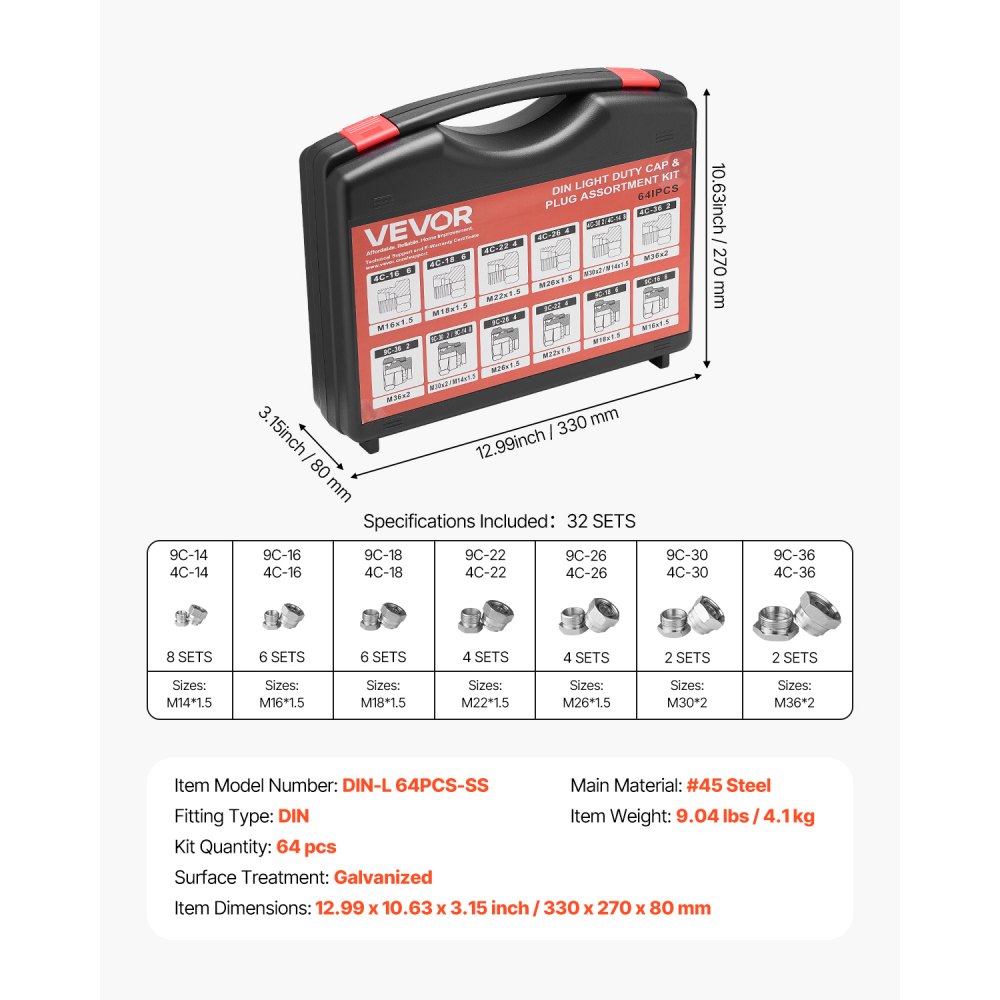 VEVOR 64-teiliges DIN-Hydraulikfittings, Industriehydraulikkappe & -stopfen, Schlauch- & Rohrfitting-Set, Kappen- & Stopfen-Set mit Präzisionsgewinde, Armaturenbrettgrößen 14/16/18/22/26/30/36
