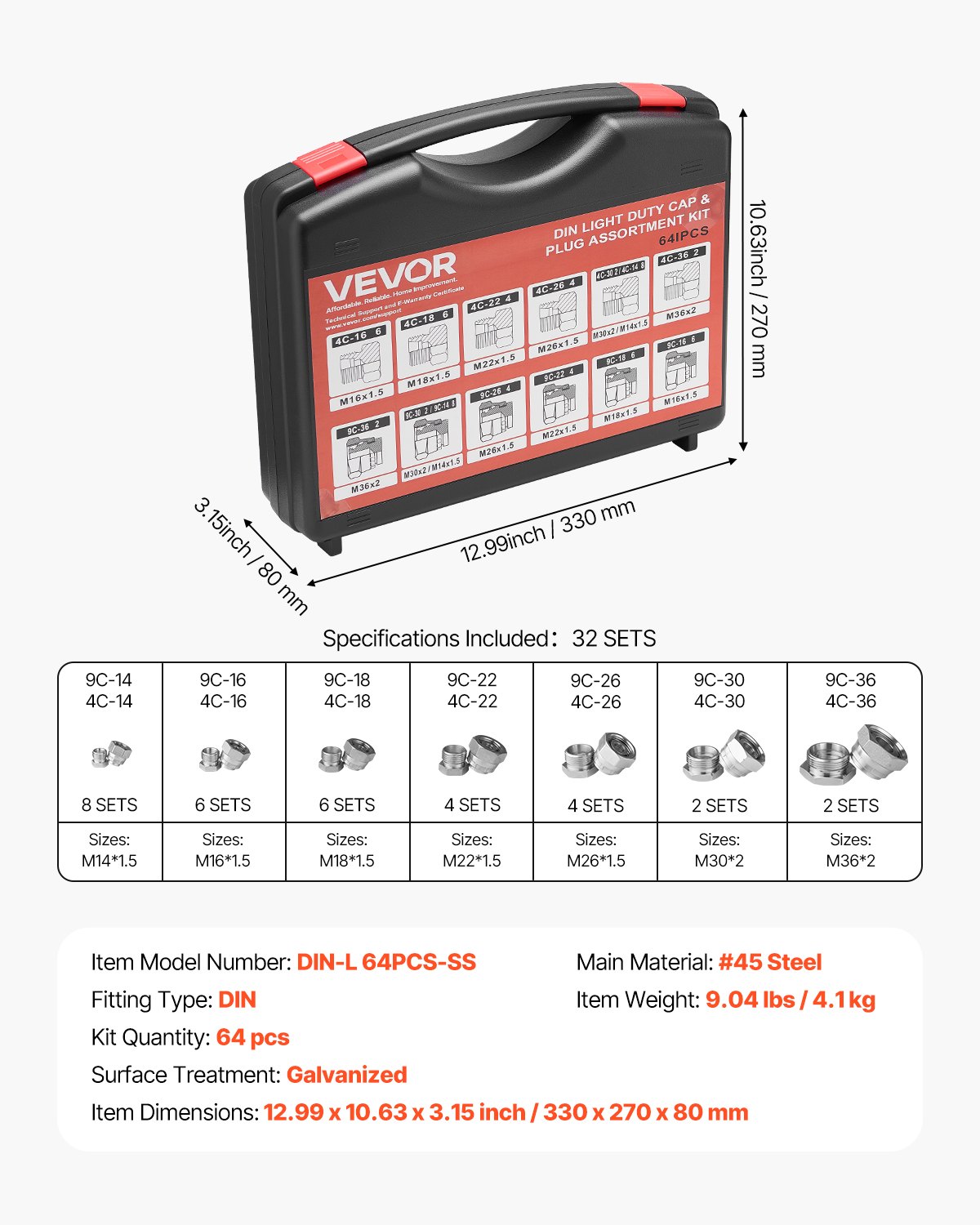 VEVOR 64-teiliges DIN-Hydraulikfittings, Industriehydraulikkappe & -stopfen, Schlauch- & Rohrfitting-Set, Kappen- & Stopfen-Set mit Präzisionsgewinde, Armaturenbrettgrößen 14/16/18/22/26/30/36