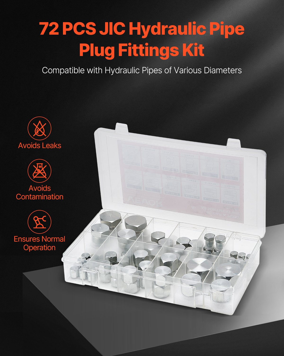 VEVOR 72-tlg. JIC-Hydraulikfittings, Industriehydraulikkappe & -stopfen, Schlauch- & Rohrfitting-Kit, Kappen- & Stopfen-Kit, Präzisionsgewinde in 37°-Schnittgrößen 4, 6, 8, 10, 12, 16