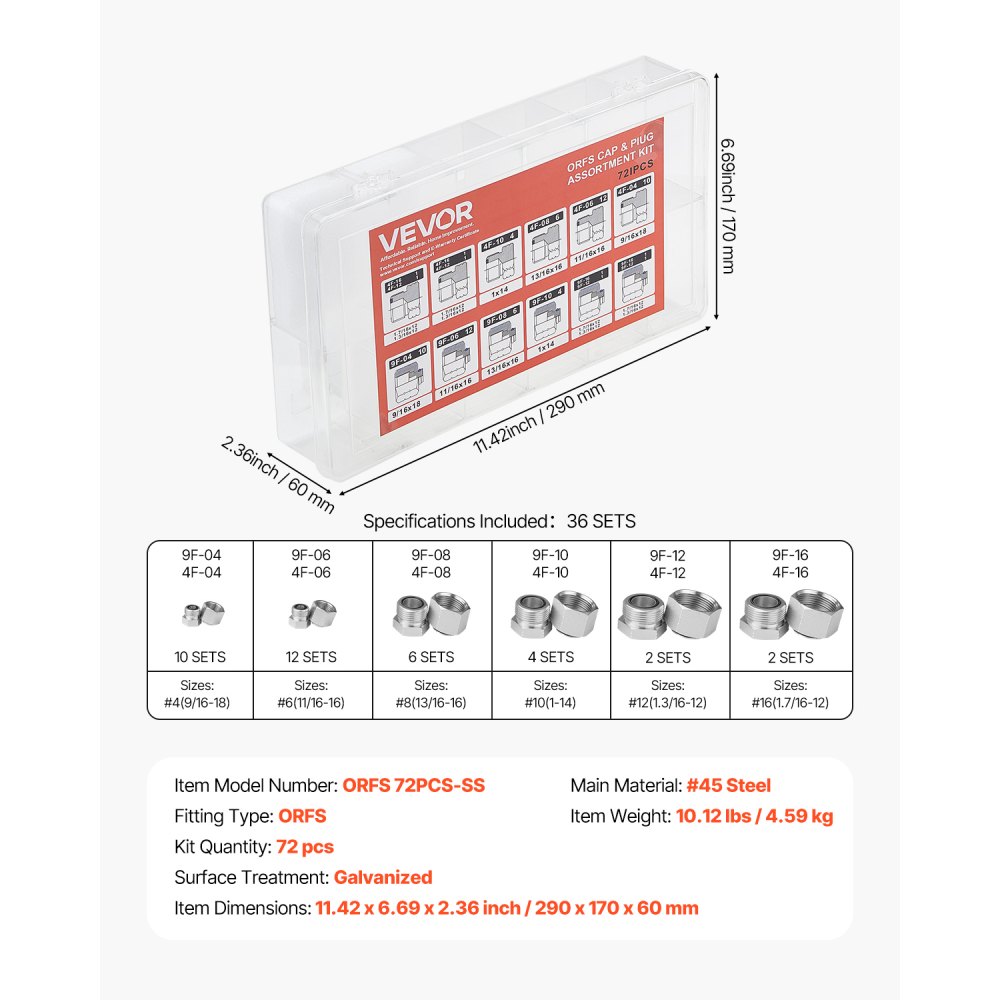VEVOR 72-teiliges ORFS-Hydraulikfittings, O-Ring-Gleitringdichtungs-Fitting-Kit, Hydraulikschlauch- & Rohrfittings, Kappen- & Stopfen-Set mit Präzisionsgewinde, Größen 4, 6, 8, 10, 12, 16