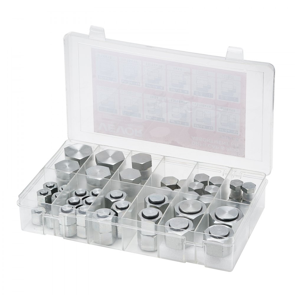 VEVOR 72-teiliges ORFS-Hydraulikfittings, O-Ring-Gleitringdichtungs-Fitting-Kit, Hydraulikschlauch- & Rohrfittings, Kappen- & Stopfen-Set mit Präzisionsgewinde, Größen 4, 6, 8, 10, 12, 16