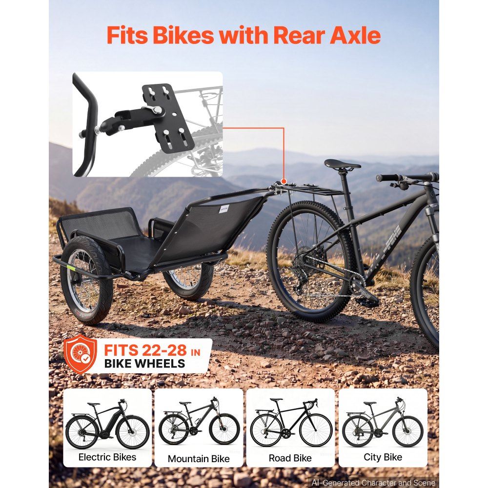 VEVOR Fahrradanhänger Lastenanhänger Transportanhänger für Offroad 145 kg, Kohlenstoffstahl & PVC-Netzgewebe, Mit 8 Reflektoren, Faltbares Design, Für 22-28 Zoll Räder, Fahrradwagen für Alle Gelände