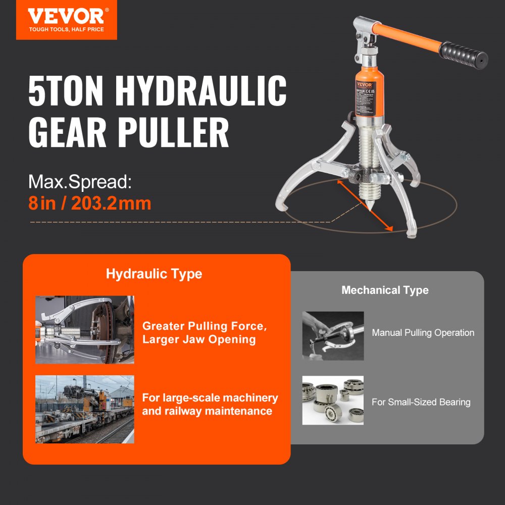 VEVOR Hydraulischer Zahnradabzieher, 5 t Maximale Kapazität, Radlager-Abziehtrenner, 2- oder 3-Backen-Abzieher, Vertikal & Horizontal, 228,6 mm Backen-Hydraulikabzieher mit Koffer zum Ziehen