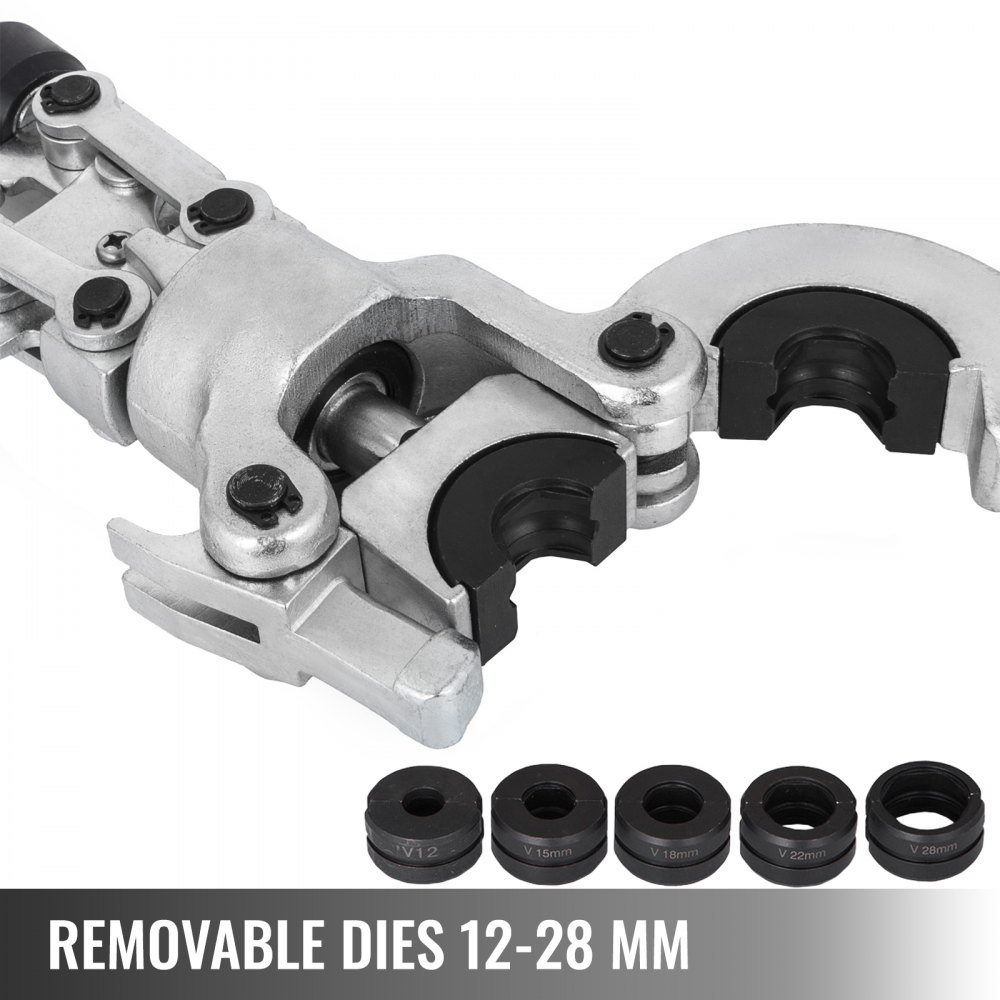 VEVOR Presszange 12 mm, 15 mm, 18 mm, 22 mm, 28 mm, Crimpzange Presszange 6 T Presskraft, Rohrpresszange Typ V, Hydraulische Presszange mit Gummigriff, 360°-Schwenkkopf, für Edelstahlrohr