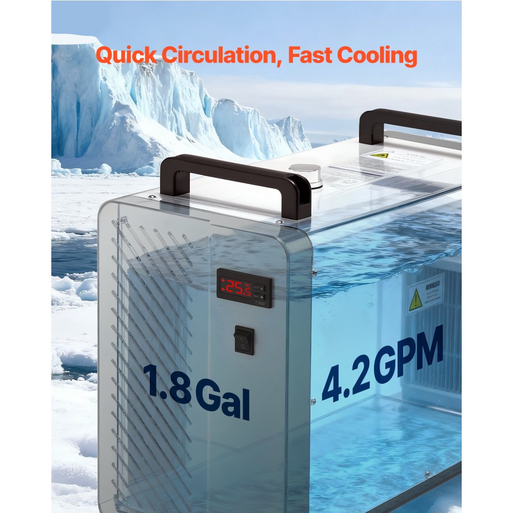 VEVOR Industrieller Wasserkühler 1,6 kW, Wasserkühlsystem mit Kompressor, max. Durchflussmenge 16 L/min, Tankinhalt 7 L, Industrial Water Chiller für CO2-Lasergravur- & -schneidmaschinen