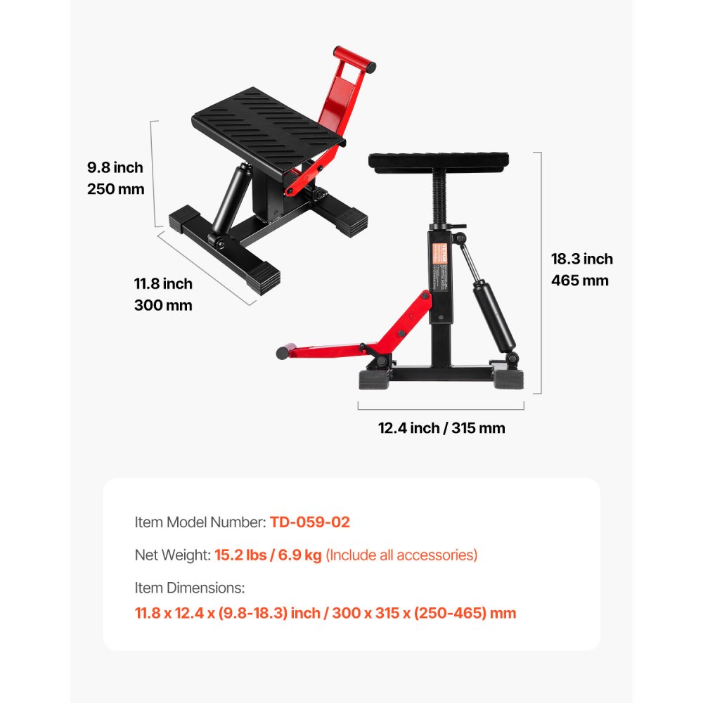 VEVOR Motorcycle Dirt Bike Stand Lift Jack Lifting Table (544 kg load capacity) height-adjustable lifting stand with hydraulic lifting function, height adjustable (250-465 mm) for motocross repair