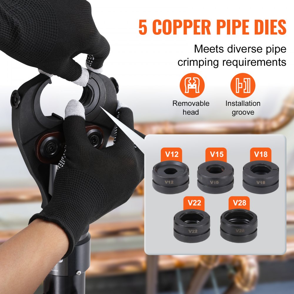 VEVOR Hydraulic Pipe Crimping Tool for Copper Pipe Connections, Pressing Pliers with V12, V15, V18, V22, V28 Quick-Change Jaws, 360° Rotating Press Set for T-Connections in Tight Spaces, Hydraulically Driven