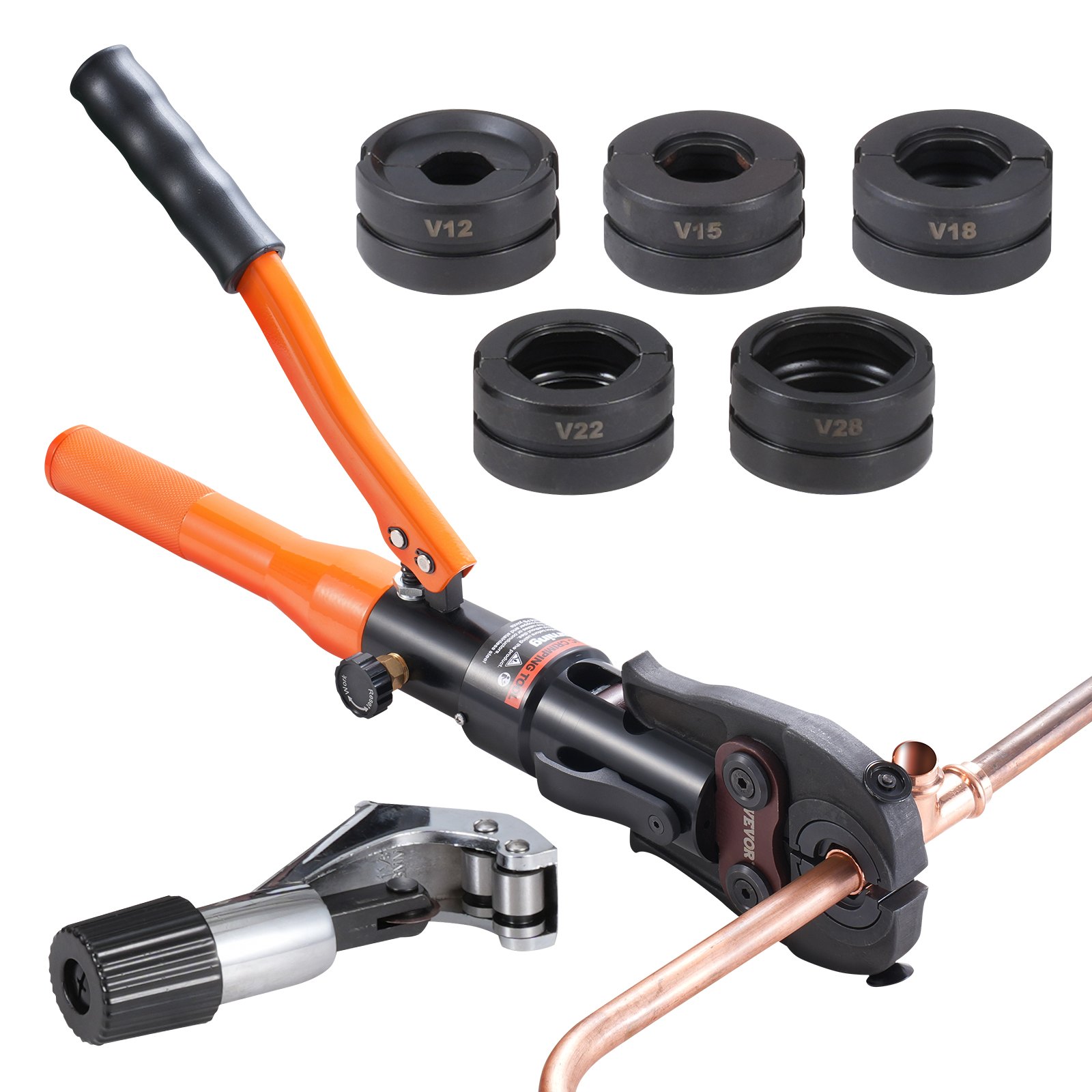 VEVOR Hydraulisches Rohr-Crimpwerkzeug für Kupferrohrverbindungen, Presszange mit V12, V15, V18, V22, V28 Schnellwechselbacken, 360° drehbares Pressset für T-Verbindungen auf engstem Raum, hydraulisch angetrieben