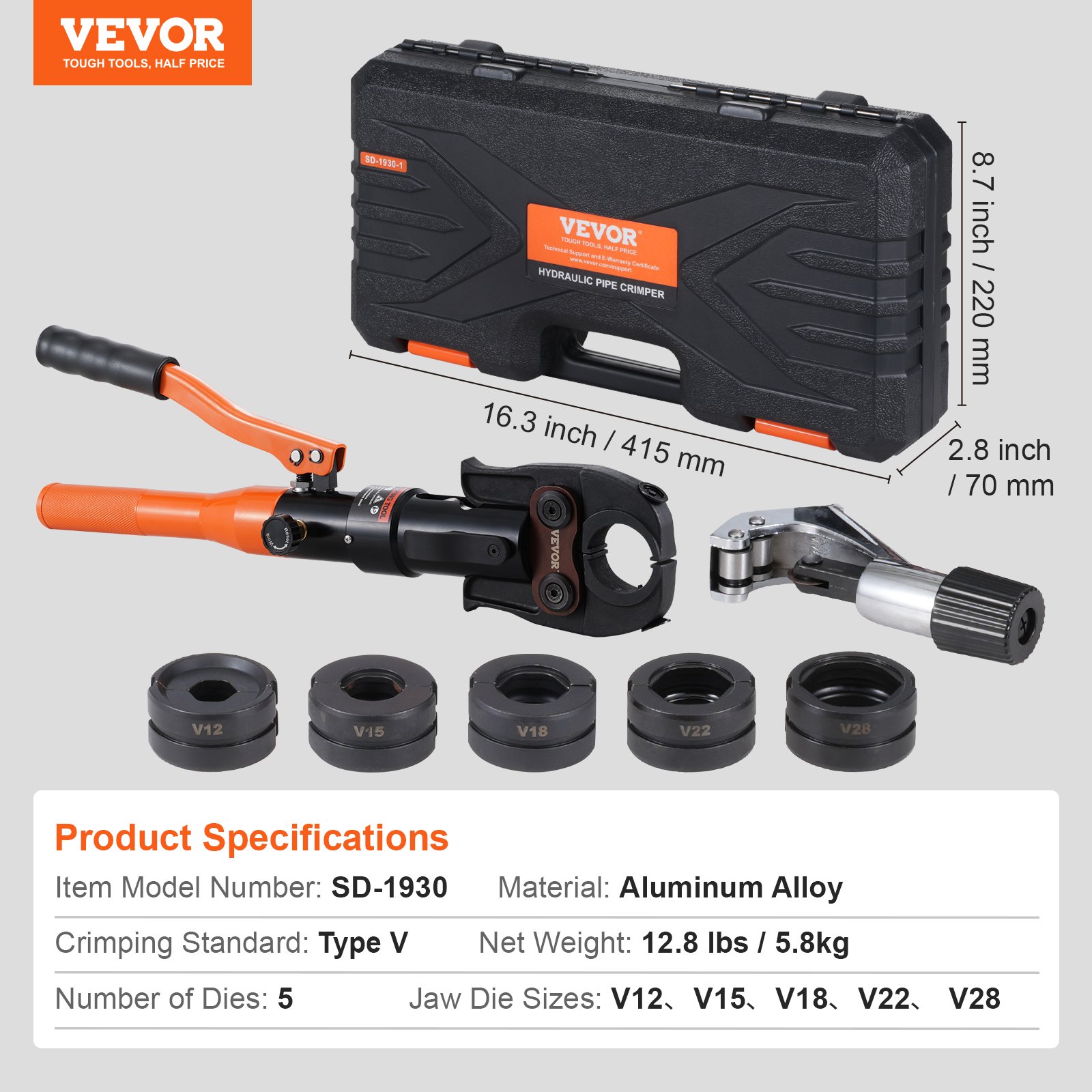 VEVOR Hydraulic Pipe Crimping Tool for Copper Pipe Connections, Pressing Pliers with V12, V15, V18, V22, V28 Quick-Change Jaws, 360° Rotating Press Set for T-Connections in Tight Spaces, Hydraulically Driven
