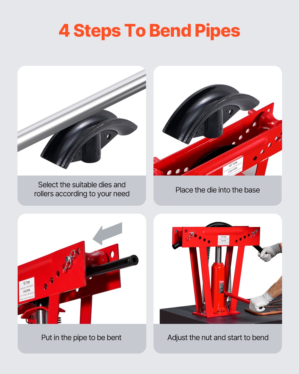 VEVOR Rohrbiegemaschine hydraulisch, 12 Tonnen Rohrbieger mit 6 Matrizen (1/2, 3/4, 1, 1-1/4, 1-1/2, 2 Zoll), 90 - 180°  Rohrbiegegerät mit verstellbaren Rollen zum Biegen verschiedener Metallarten