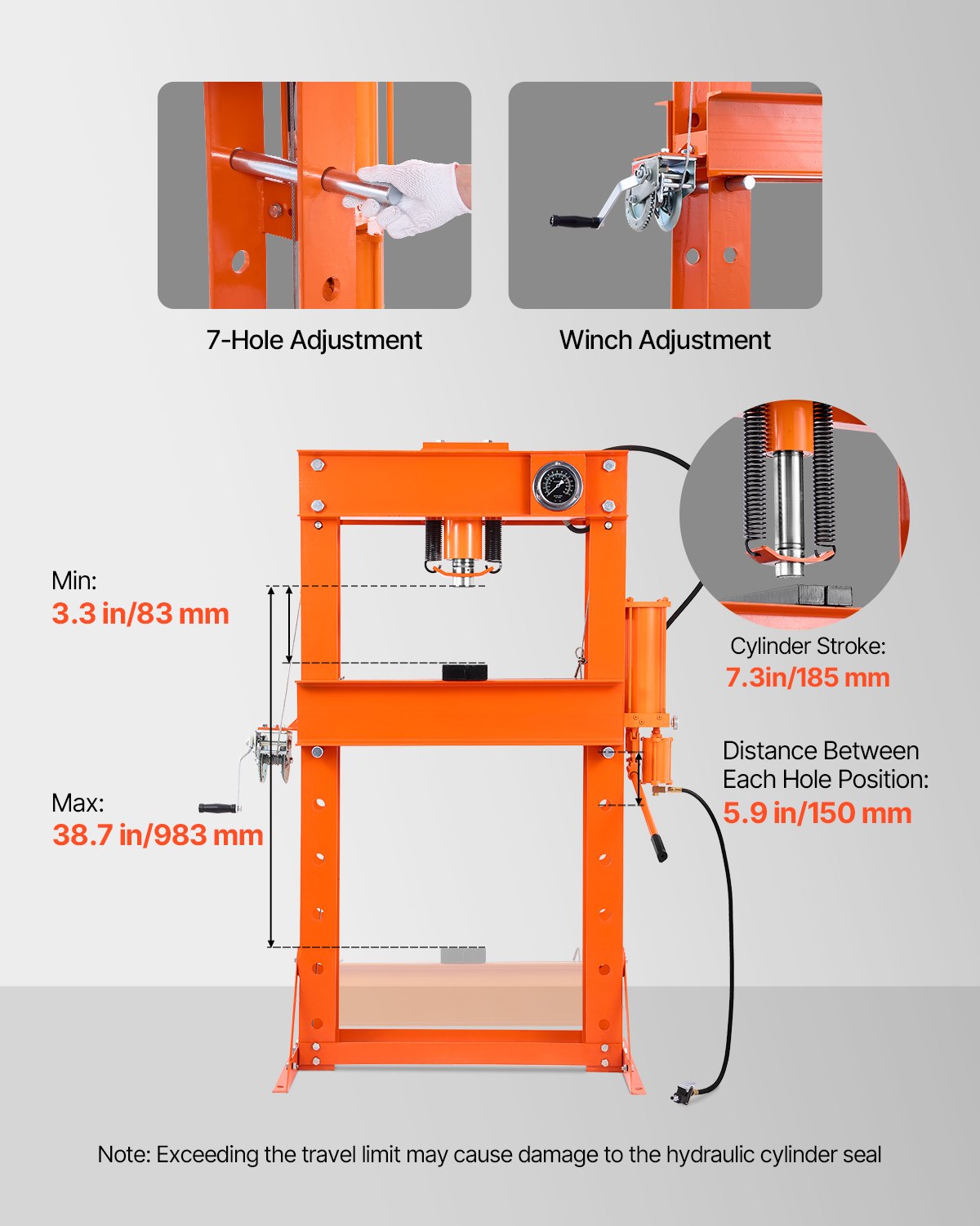 VEVOR hydraulic workshop press 20 t (H-frame) with press plate, adjustable hydraulic press (max. cylinder 185 mm) with triangular support, suitable for bending, straightening & punching, orange