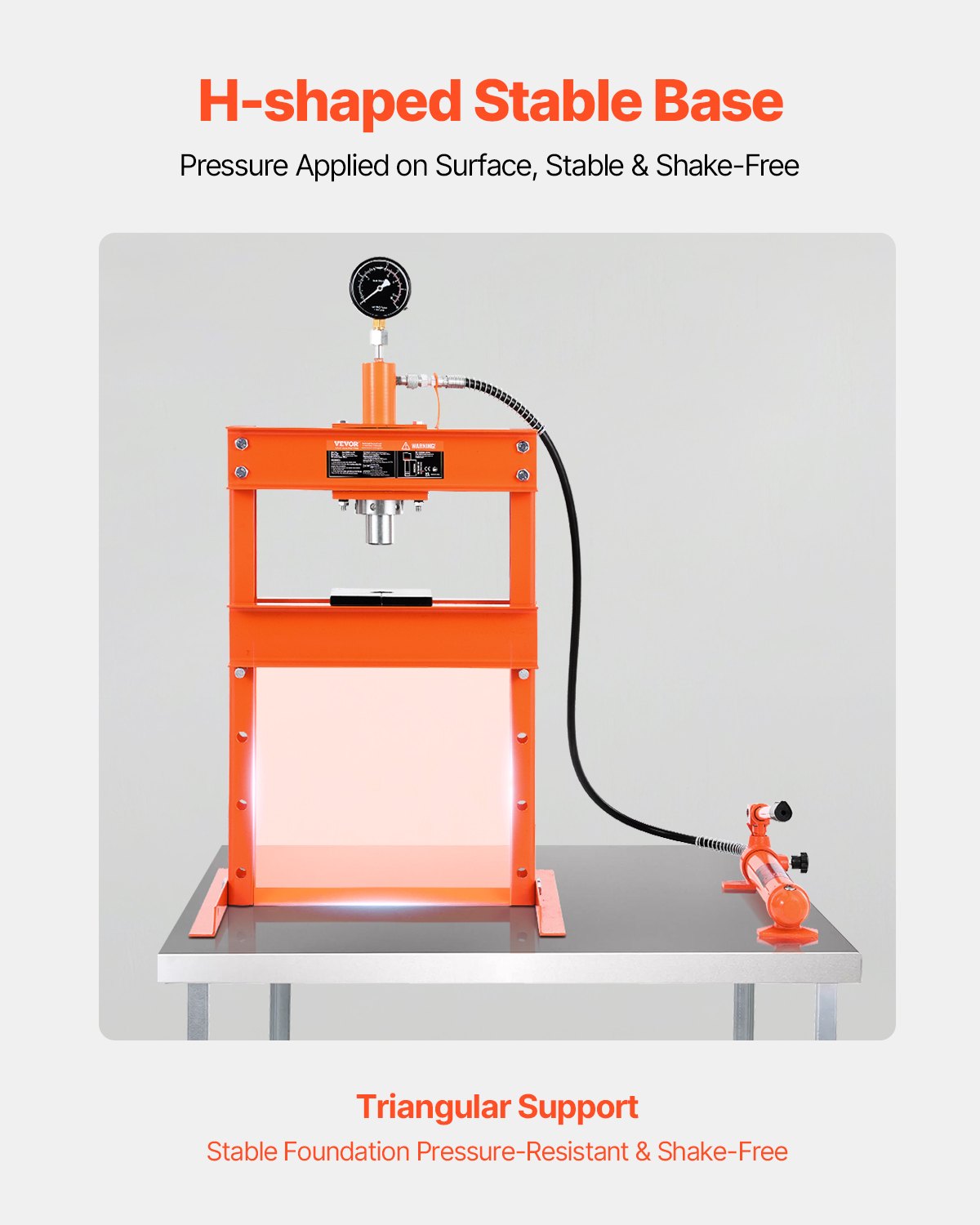 VEVOR hydraulic workshop press 10 t (H-frame) with press plate, adjustable hydraulic press (max. cylinder 130 mm) with pressure relief valve, suitable for bending, straightening & punching, orange