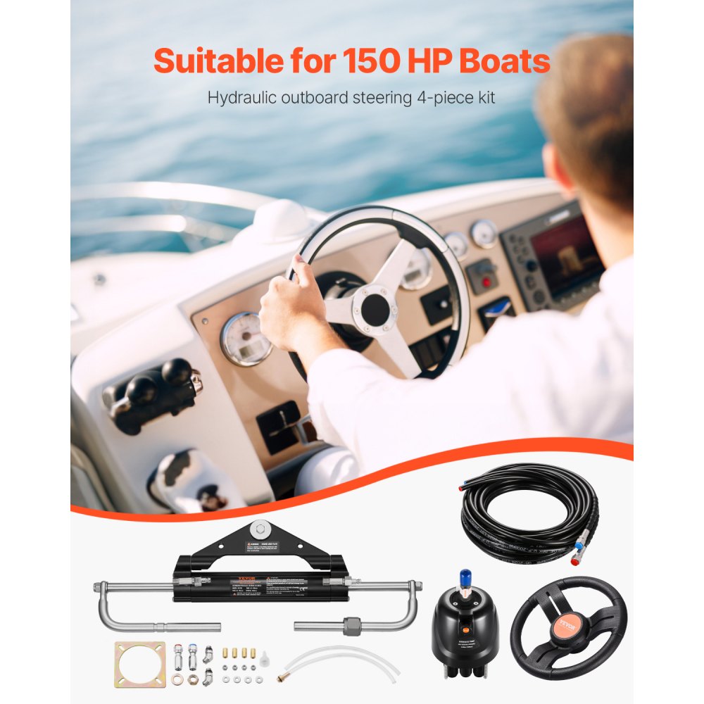 VEVOR 150 HP hydraulic outboard steering kit, hydraulic boat steering system with 342.9 mm steering wheel, steering pump, hydraulic cylinder and two 7924.8 mm hoses for single-station, single-engine boats