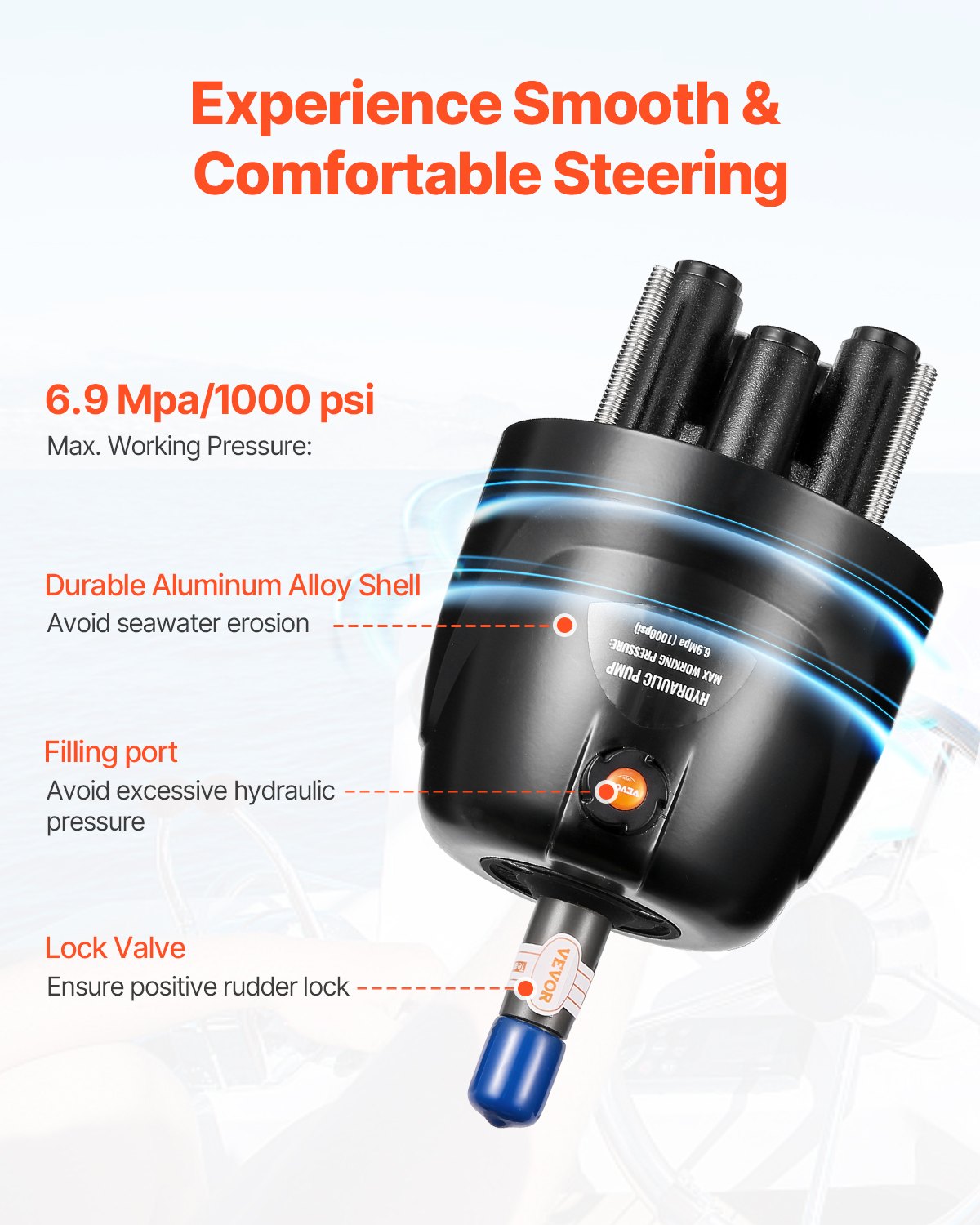 VEVOR 150 HP hydraulic outboard steering kit, hydraulic boat steering system with 342.9 mm steering wheel, steering pump, hydraulic cylinder and two 7924.8 mm hoses for single-station, single-engine boats