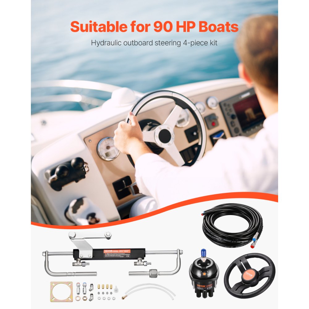VEVOR 90 HP hydraulic outboard steering kit, hydraulic boat steering system with 342.9 mm steering wheel, steering pump, hydraulic cylinder and two 7924.8 mm hoses for single-station, single-engine boats