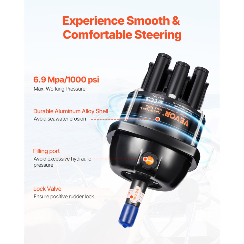 VEVOR 90 HP hydraulic outboard steering kit, hydraulic boat steering system with 342.9 mm steering wheel, steering pump, hydraulic cylinder and two 7924.8 mm hoses for single-station, single-engine boats