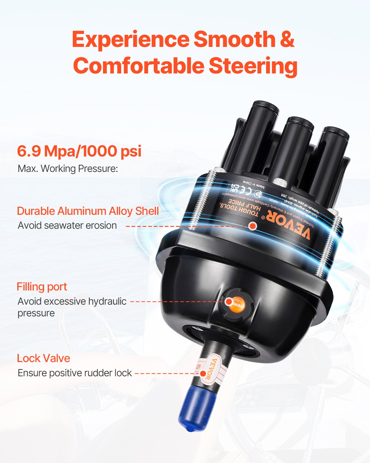 VEVOR 90 HP hydraulic outboard steering kit, hydraulic boat steering system with 342.9 mm steering wheel, steering pump, hydraulic cylinder and two 7924.8 mm hoses for single-station, single-engine boats