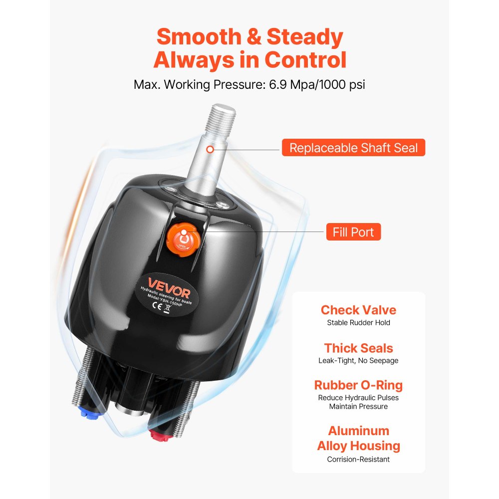 VEVOR Hydraulic Steering Kit, 150 HP, Marine Boat Hydraulic Steering System, with 6.9 MPa/1000 psi Helm Pump, Two-Way Lock Cylinder, and 6 m High-Strength Hoses, for Single Station, Single-Engine Use