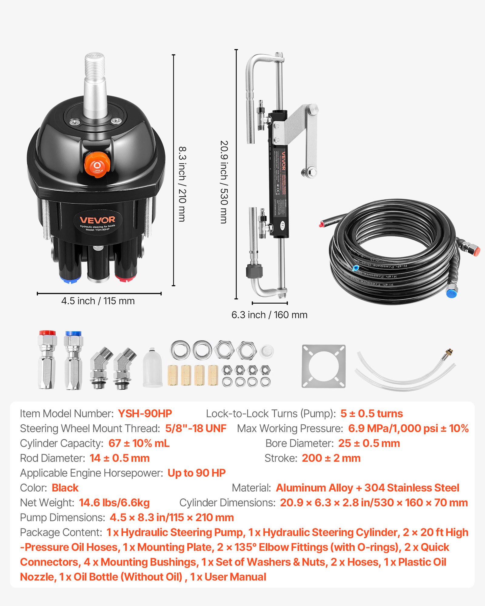 VEVOR Hydraulic Steering Kit, 90 HP, Marine Boat Hydraulic Steering System, with 6.9 MPa/1000 psi Helm Pump, Two-Way Lock Cylinder, and 6 m High-Strength Hoses, for Single Station, Single-Engine Use