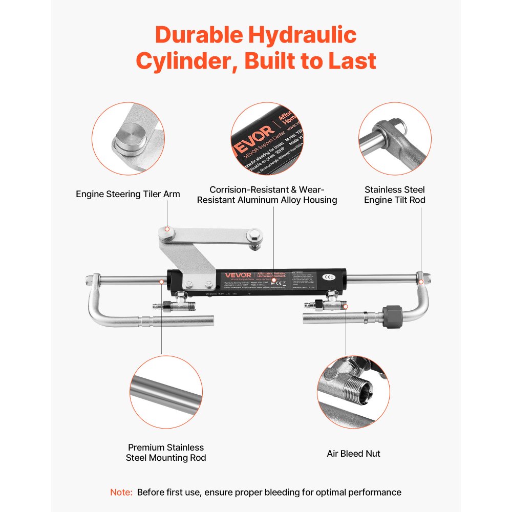 VEVOR Hydraulic Steering Kit, 90 HP, Marine Boat Hydraulic Steering System, with 6.9 MPa/1000 psi Helm Pump, Two-Way Lock Cylinder, and 7.32m High-Strength Hoses, for Single Station, Single-Engine Use
