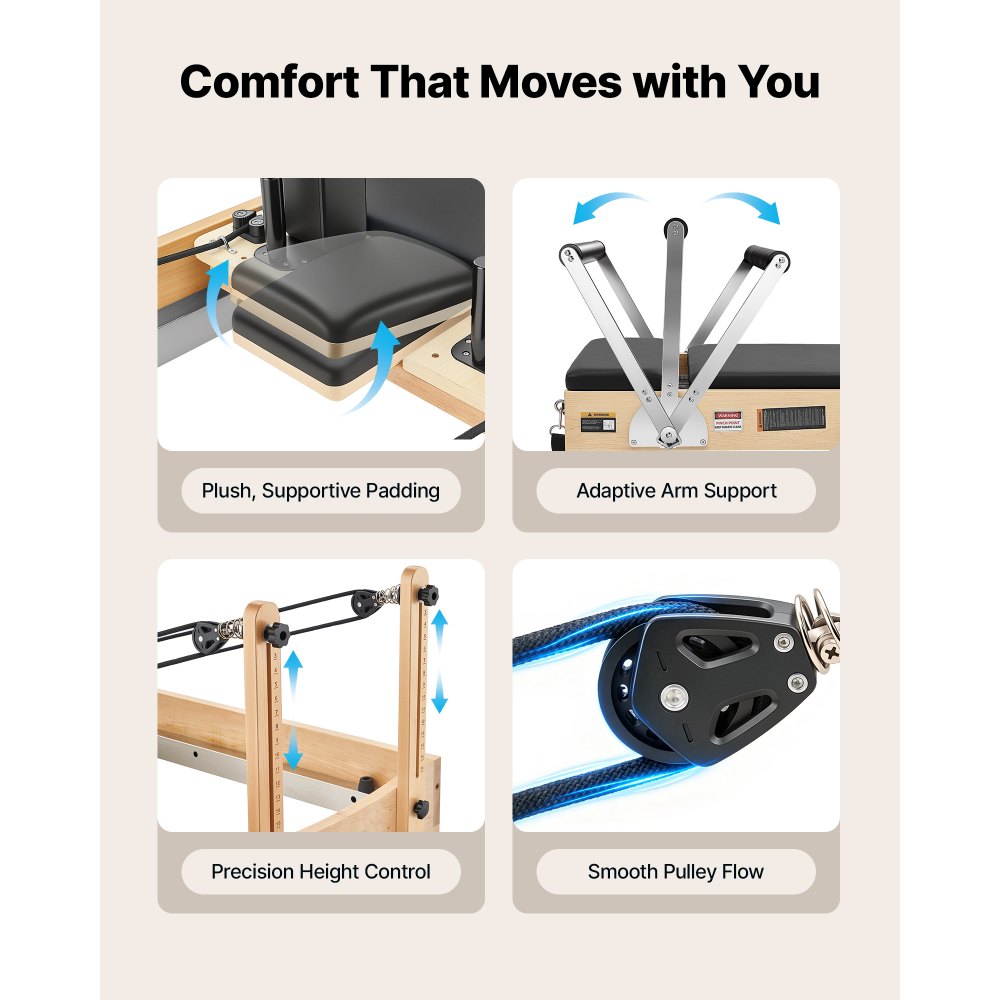 VEVOR Pilates Reformer Gerät 214 cm aus Ahornholz 181 kg Belastbarkeit für Heim-Fitnessstudios, Leises Gleiten, Verstellbare Kopfstütze, mit Pilates-Box, Jumpboard, Fußplattform und Fußschlaufen