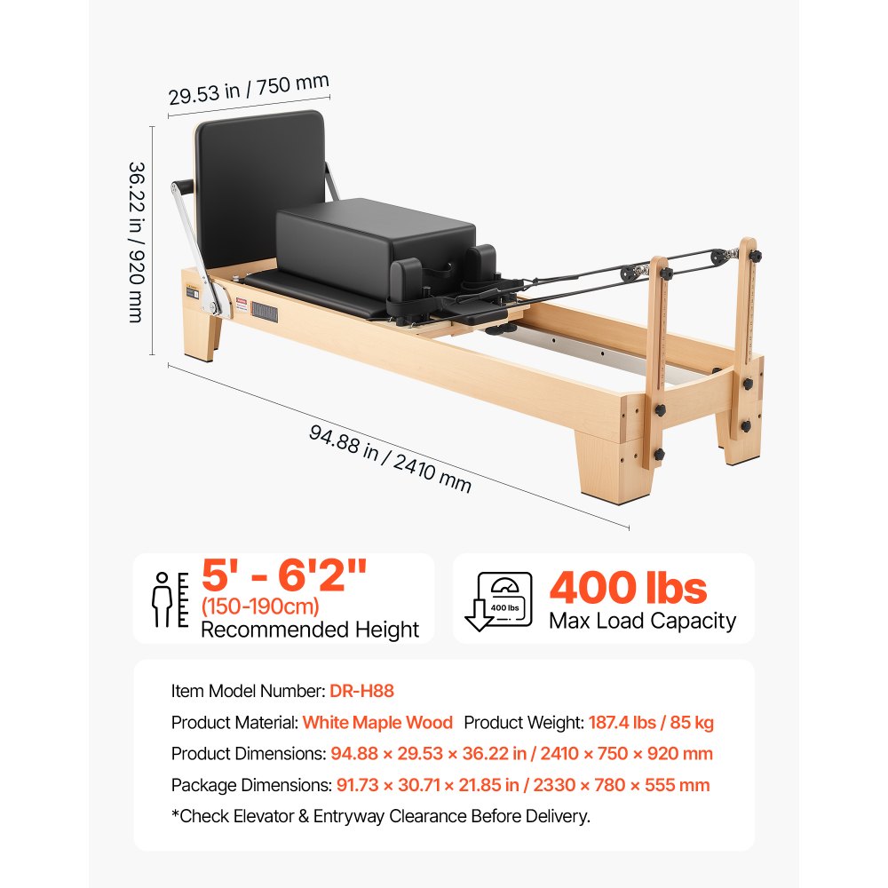 VEVOR Pilates Reformer Gerät 214 cm aus Ahornholz 181 kg Belastbarkeit für Heim-Fitnessstudios, Leises Gleiten, Verstellbare Kopfstütze, mit Pilates-Box, Jumpboard, Fußplattform und Fußschlaufen