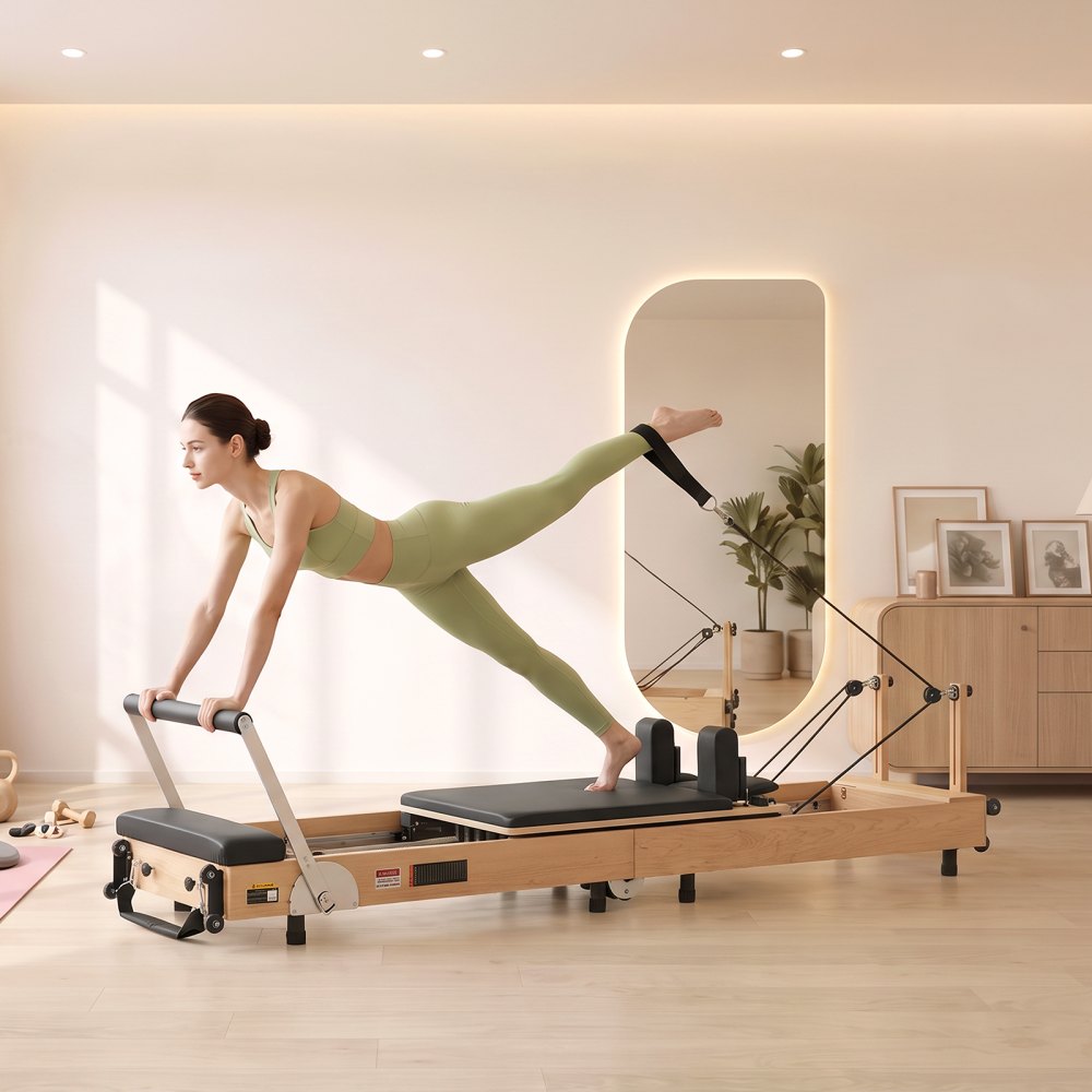 VEVOR Pilates Reformer Gerät Klappbar 2400 x 693 x 680 mm aus Ahornholz für Heimgebrauch & Fitnessstudio, mit Jumpboard, Sitzbox, Verstellbarer Kopfstütze und Leisem Schlittenlauf, 181 kg Belastbar