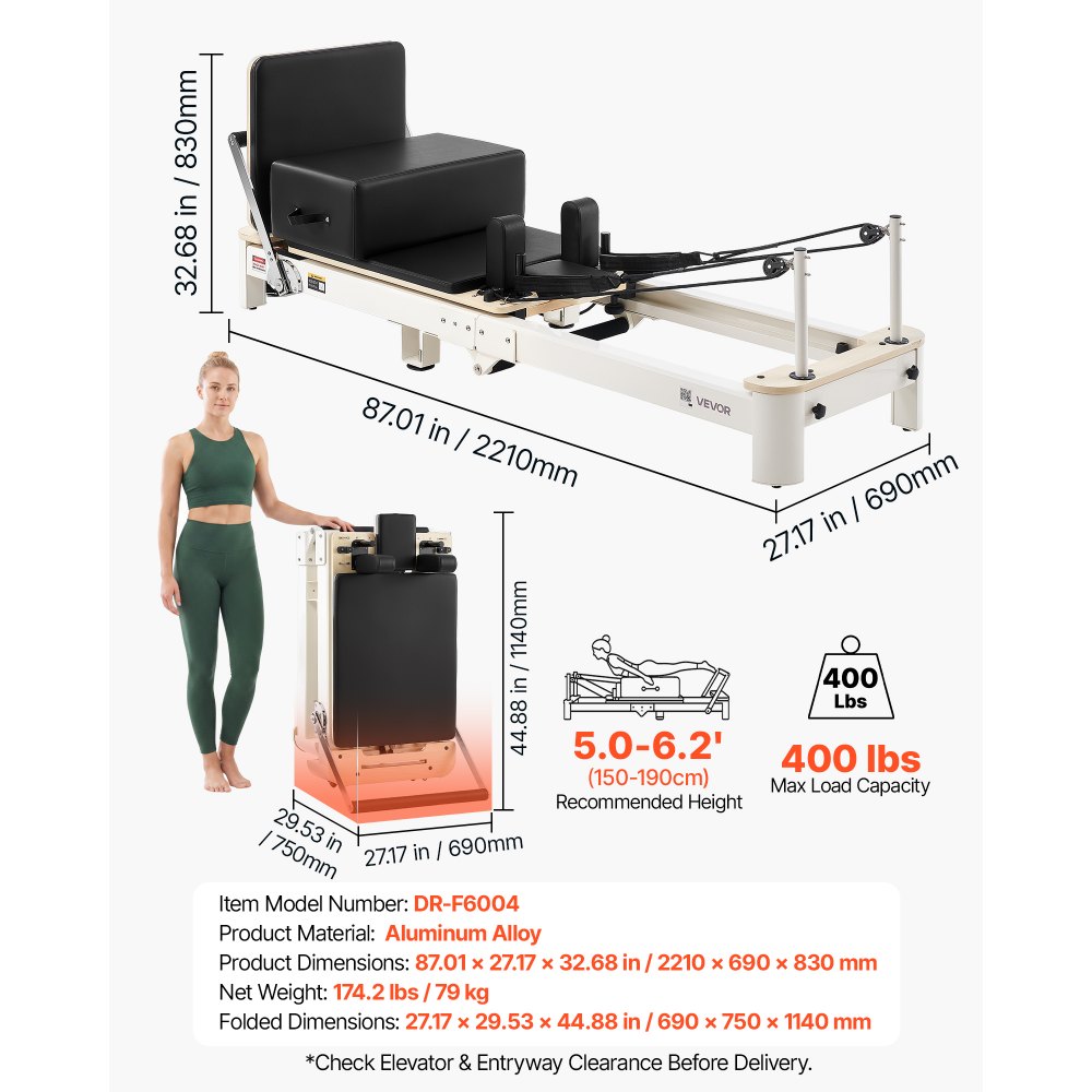 VEVOR Pilates Reformer Gerät Klappbar 221 x 69 x 83 cm Aluminiumlegierung für Heimgebrauch & Fitnessstudio, mit Jumpboard, Sitzbox, Verstellbarer Kopfstütze und Leisem Schlittenlauf, 181 kg Belastbar