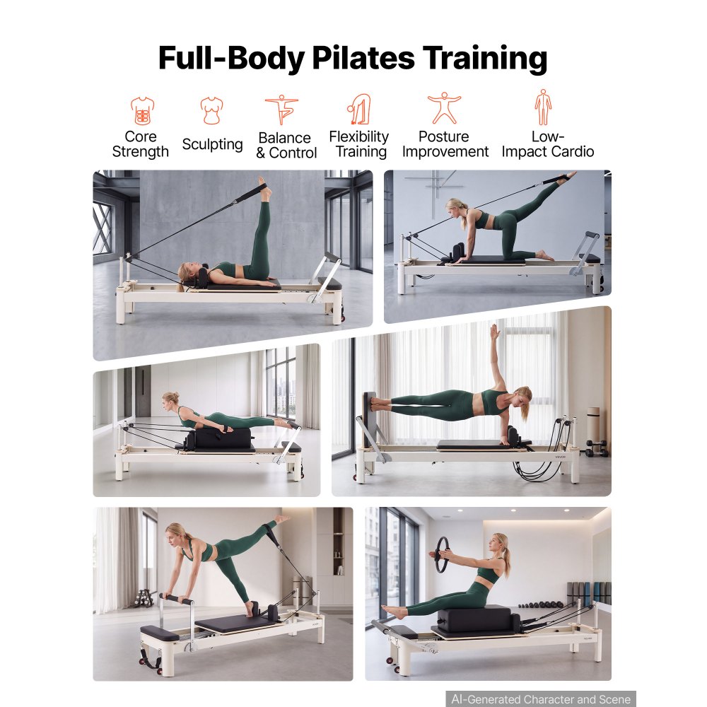 VEVOR Pilates Reformer Gerät mit Aluminiumrahmen 181 kg 2350 x 690 x 945 mm Ideal für Home-Gyms und Studios, mit Leisem Schlittenlauf, Verstellbarer Kopfstütze, Pilates-Box, Jumpboard und Fußschlaufen