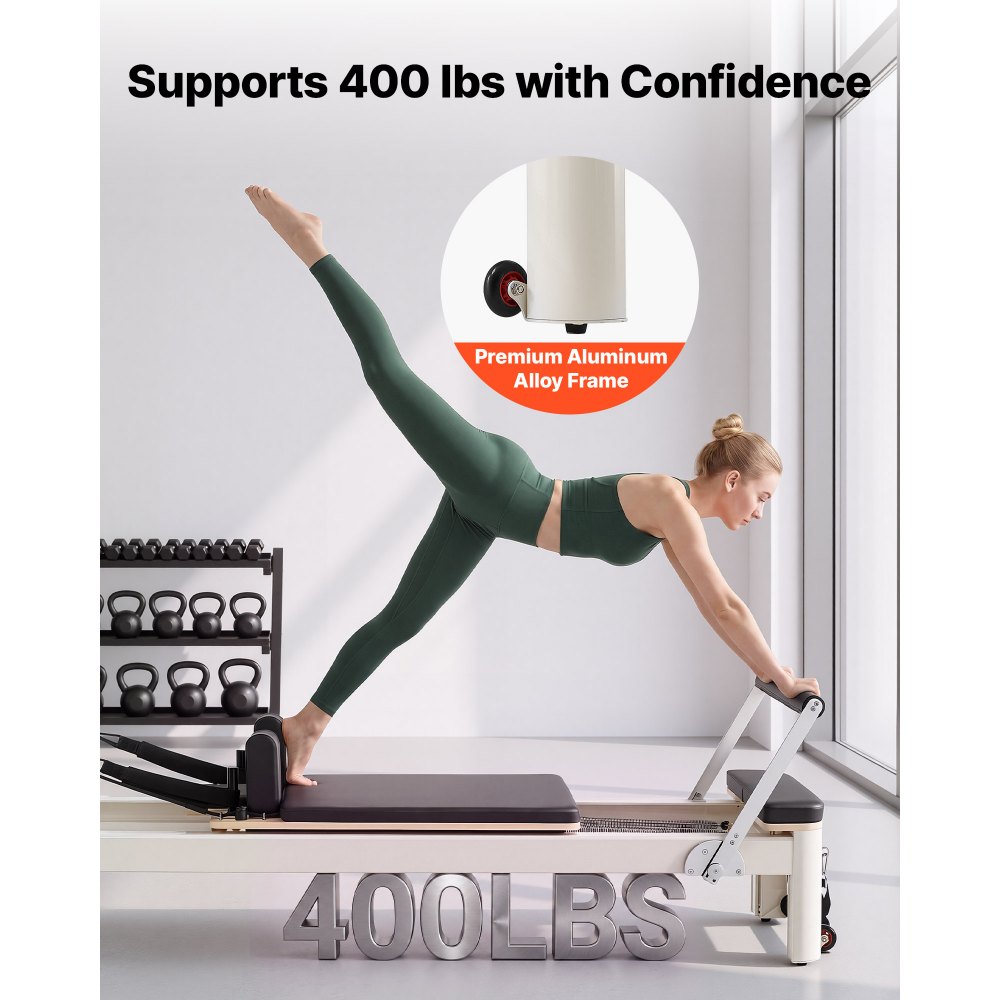 VEVOR Pilates Reformer Gerät mit Aluminiumrahmen 181 kg 2350 x 690 x 945 mm Ideal für Home-Gyms und Studios, mit Leisem Schlittenlauf, Verstellbarer Kopfstütze, Pilates-Box, Jumpboard und Fußschlaufen
