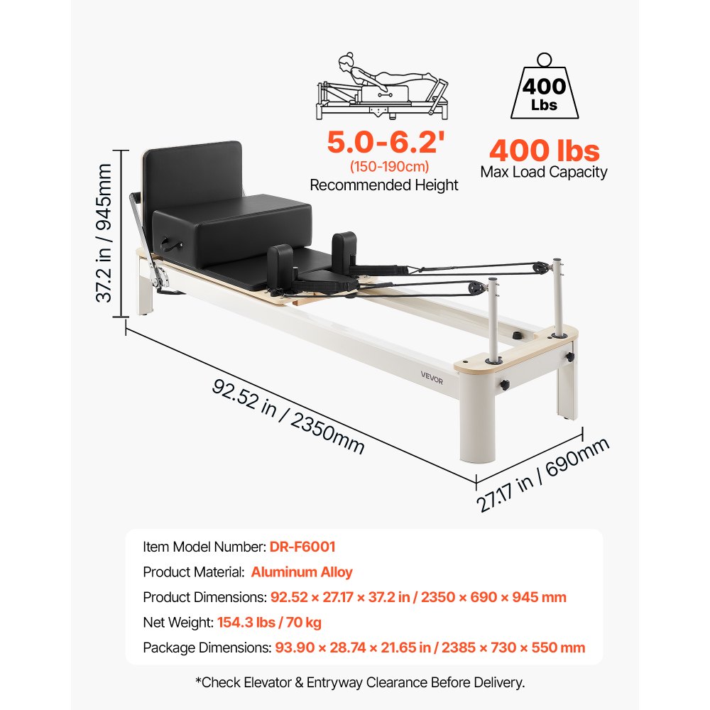 VEVOR Pilates Reformer Gerät mit Aluminiumrahmen 181 kg 2350 x 690 x 945 mm Ideal für Home-Gyms und Studios, mit Leisem Schlittenlauf, Verstellbarer Kopfstütze, Pilates-Box, Jumpboard und Fußschlaufen