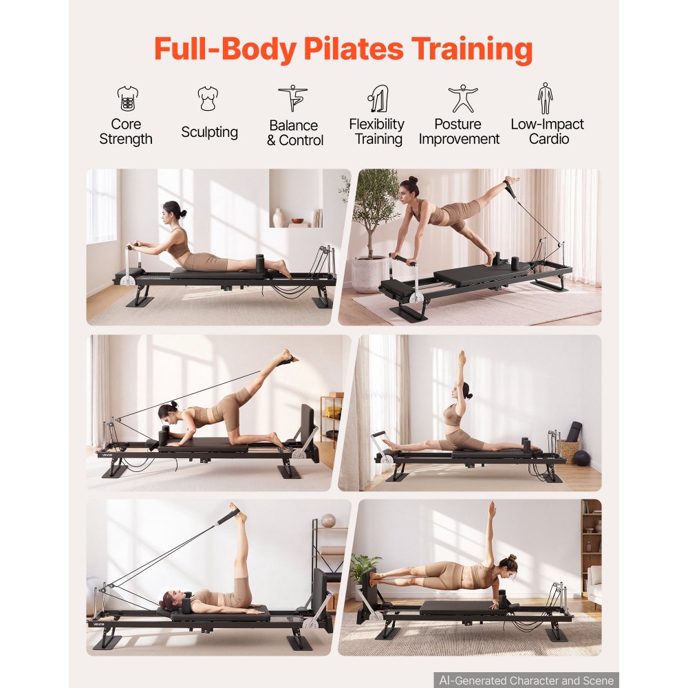 VEVOR Pilates Reformer Klappbar Heimtrainer mit 5 Federn Belastbar bis 181 kg für Homegym und Fitnessstudio, mit Stabile Eisenkonstruktion, Leisen Rollen, Schulterstützen und Gepolstertem Schlitten