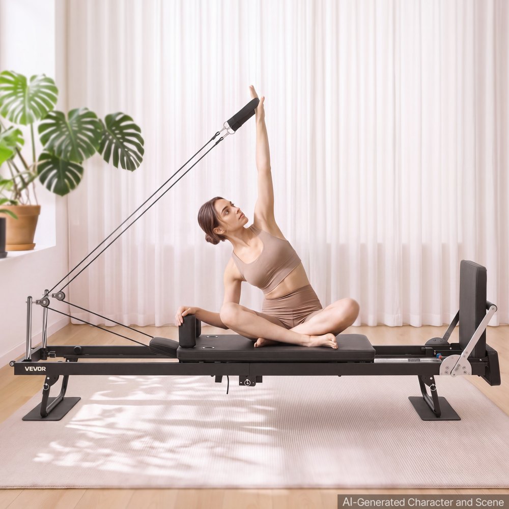 VEVOR Pilates Reformer Klappbar Heimtrainer mit 5 Federn Belastbar bis 181 kg für Homegym und Fitnessstudio, mit Stabile Eisenkonstruktion, Leisen Rollen, Schulterstützen und Gepolstertem Schlitten