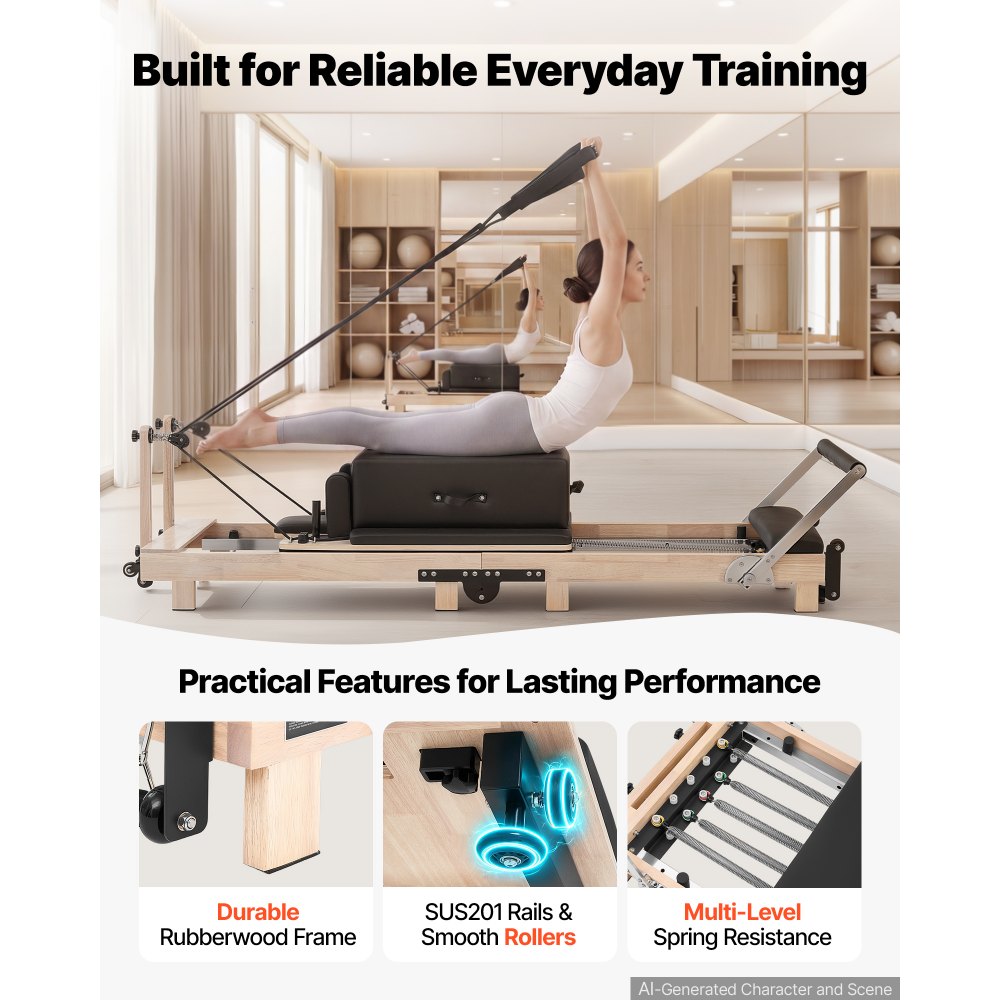 VEVOR Pilates Reformer Gerät Klappbar 2310 x 680 x 755 mm Gummibaumholz für Heimgebrauch & Fitnessstudio, mit Jumpboard, Sitzbox, Verstellbarer Kopfstütze und Leisem Schlittenlauf, 181 kg Belastbar