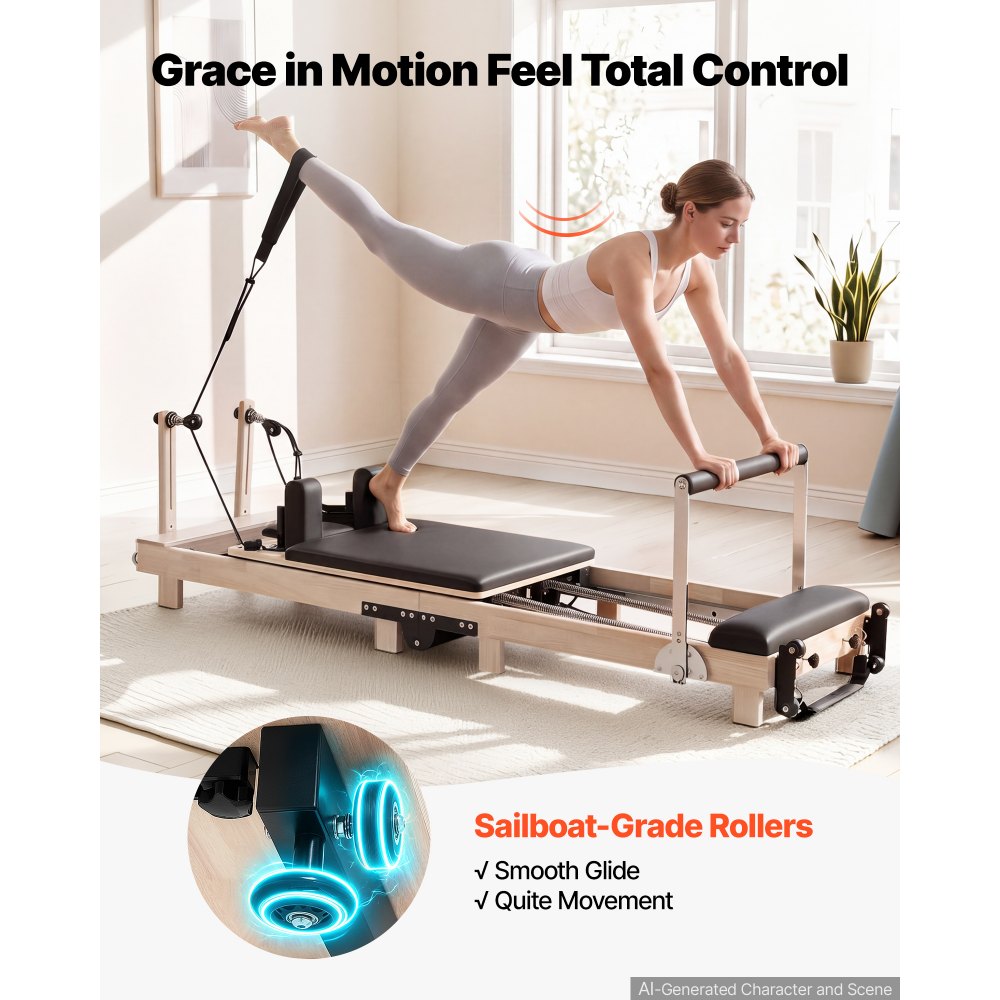 VEVOR Pilates Reformer Gerät Klappbar 2310 x 680 x 755 mm Gummibaumholz für Heimgebrauch & Fitnessstudio, mit Jumpboard, Sitzbox, Verstellbarer Kopfstütze und Leisem Schlittenlauf, 181 kg Belastbar